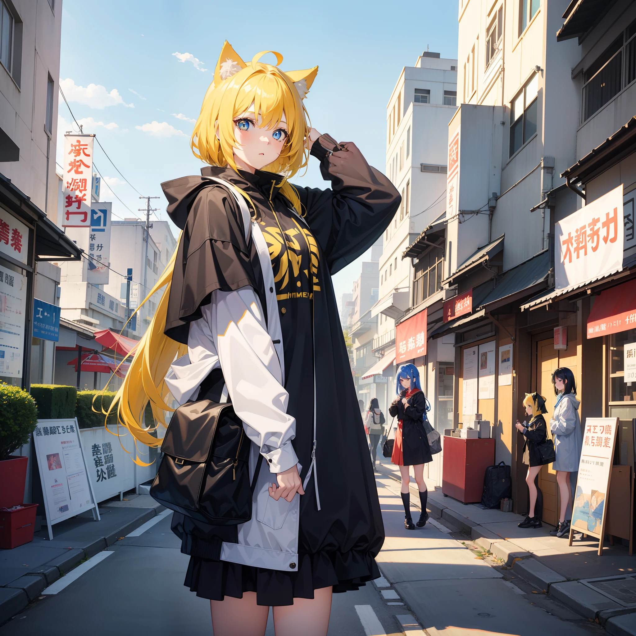 2girls，4k画质，A girl with cat ears and yellow hair，Blue pupil。There is also a woman with short dark blue hair，Sky-blue pupils，Civilian clothes for students。