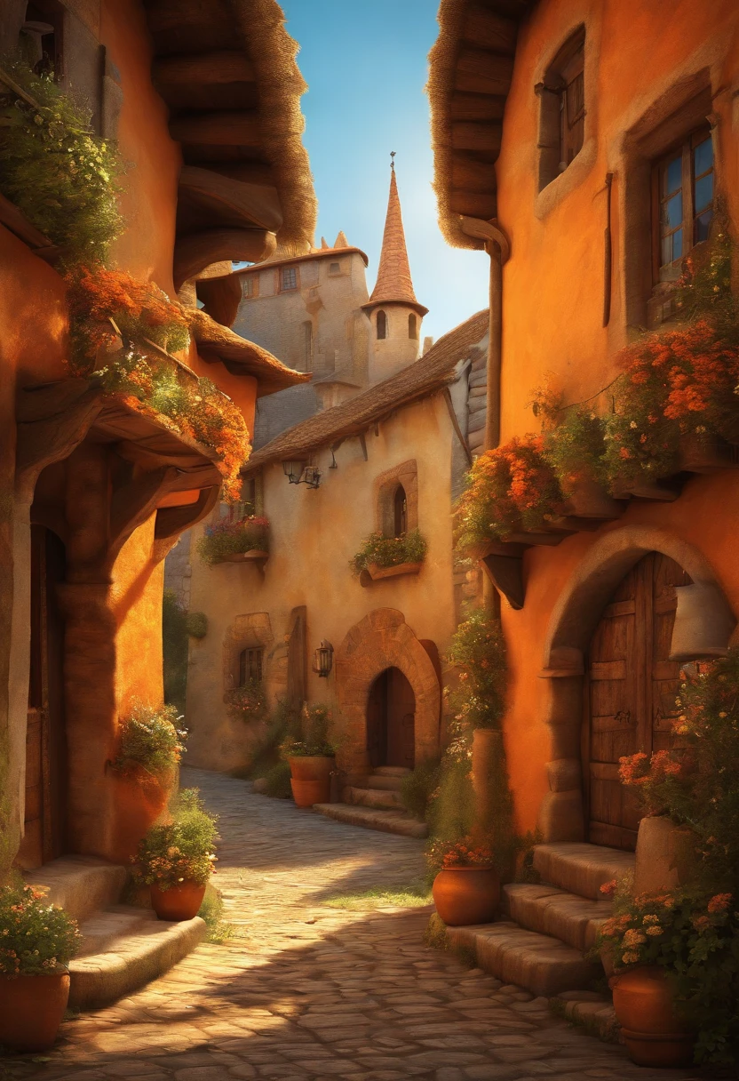 a sunny illustration of a medieval village from the movie Puss in Boots with shades of orange