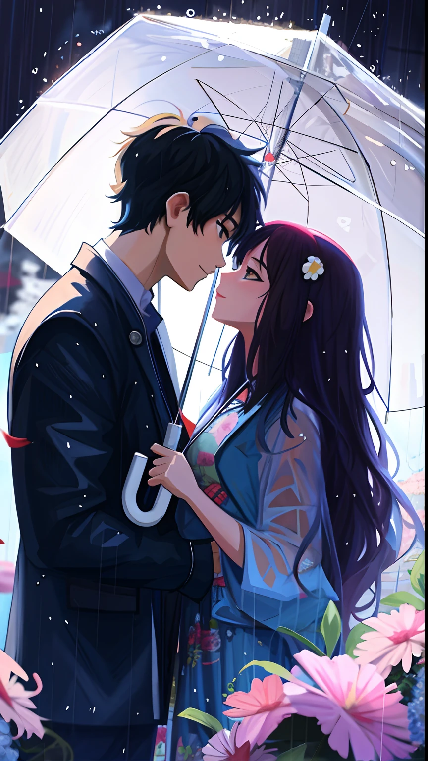 Anime couple in the rain with umbrella and flowers, 4k manga wallpapers, Rained, 4K anime wallpaper, Anime wallpaper 4K, Anime wallpaper 4 k, style of anime4 K, Anime art wallpaper 4k, Anime art wallpaper 4 K, anime wallaper, Anime art wallpaper 8 K, Guviz-style artwork，Look at each other affectionately，Beautiful facial features
