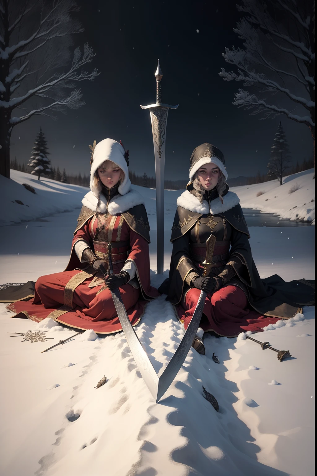 A painting of a two ornamental swords, laying in the snow, no humans, no people, winter, eerie night time light, dark sky.
