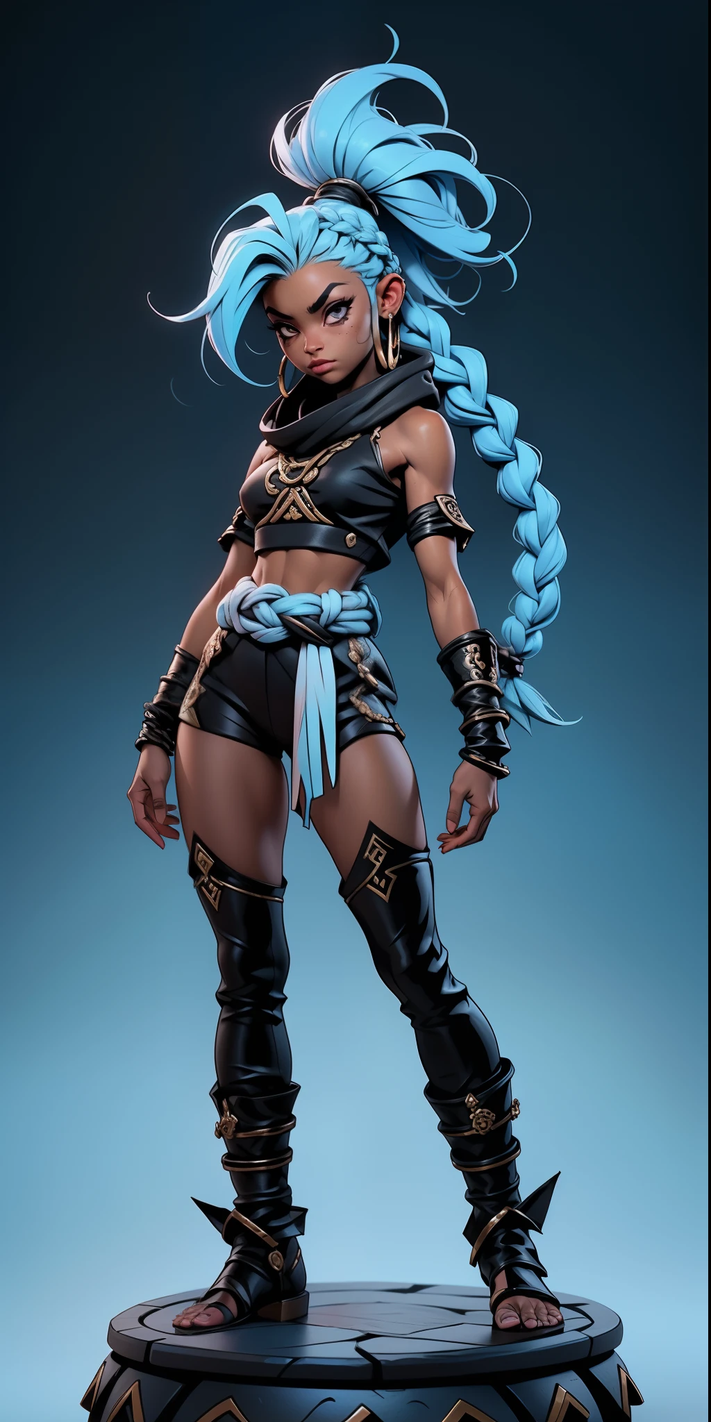 Lins Avalon, hand-drawn, escuro, corajoso, realista, mistura de linhas escuras em negrito e linhas soltas, linhas em negrito, no papel, personagem de reviravolta, ((sfw meio elfo feminino de pele negra, corpo inteiro, sfw crop top de couro)), arcane symbols, runas , tema sombrio, ((light blue hair partially braided, pele negra)), lindo, bonito, roupas de couro acolchoadas bordadas com runas, botas modestas de couro bordadas com runas, saia com grande abertura frontal, elfa de pele negra linda, seios pequenos