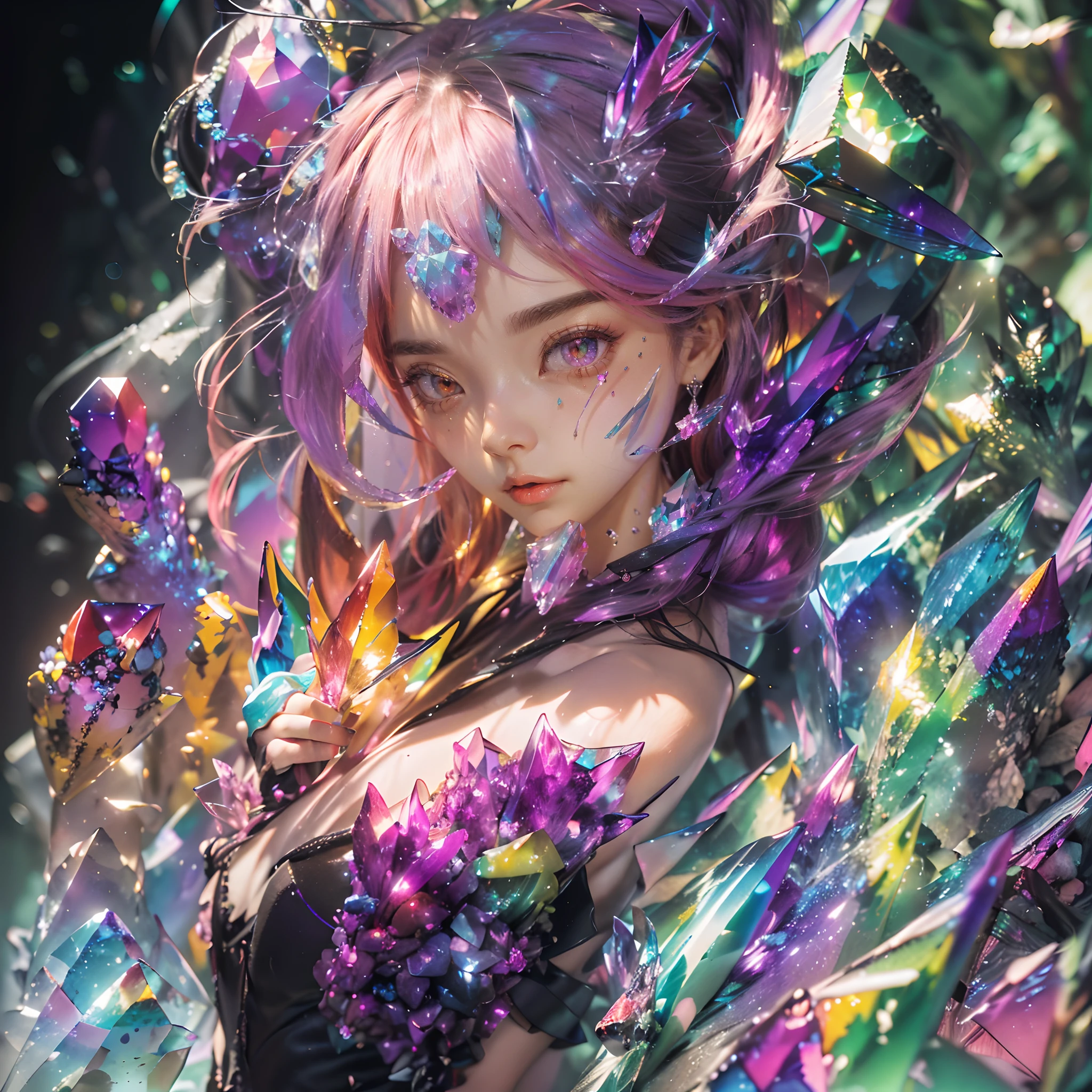 (Masterpiece), (Best quality), Extremely detailed, illustration, Backlight, ((Angle)), (Colorful ore:1.3), (Colorful melting:1.3),
(colorful crystals:1.5), (A piece of colorful mineral:1.3),
(1 Extremely delicate and delicate girl:1.4),(Beautiful face), (Beautiful detailed red eyes:1.2), (colorfulhair:1.2), bare shoulders, (Black suit),