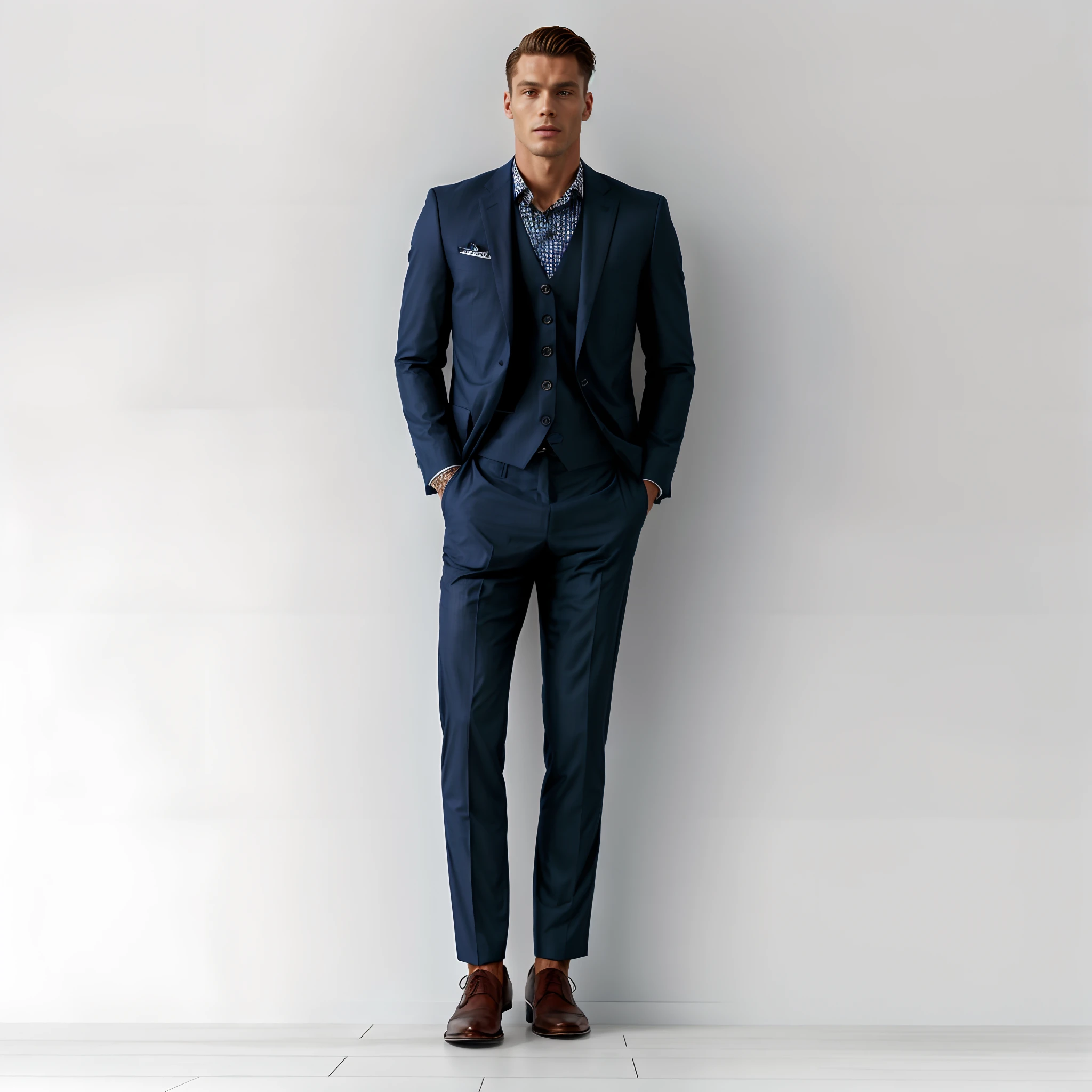 An alpha man in a suit stood against the wall, Handsome male，Fashionable male model，wearing a stylish men's suit, 3-piece-suit, Ocean blue，dolce & Gabbana, wearing fashion suit, Elegant suit, wearing a light blue suit, 3-piece-suit, stylish suit, wear suit, wear suit, dressed in a suit, formal suits, dressed in a suit, intricate suit, dressed in a suit，Marine style，Nautical style graphics
