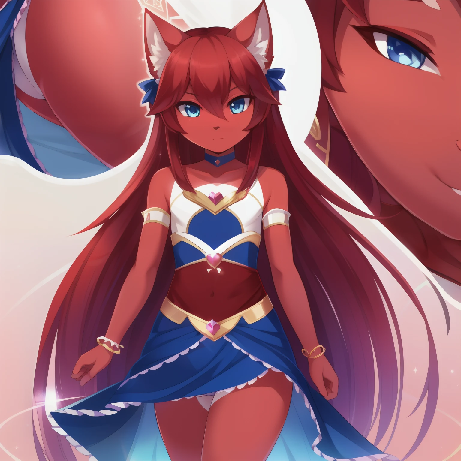 masterpiece, soft shading, 1boy, Furry, furry cat, anthropomorphic, male, red fur, red skin, blue eyes, magical girl theme, long hair, revealing clothes, magical girl outfit, magical girl dress, femboy, sexy pose, uploaded on e621, close-up