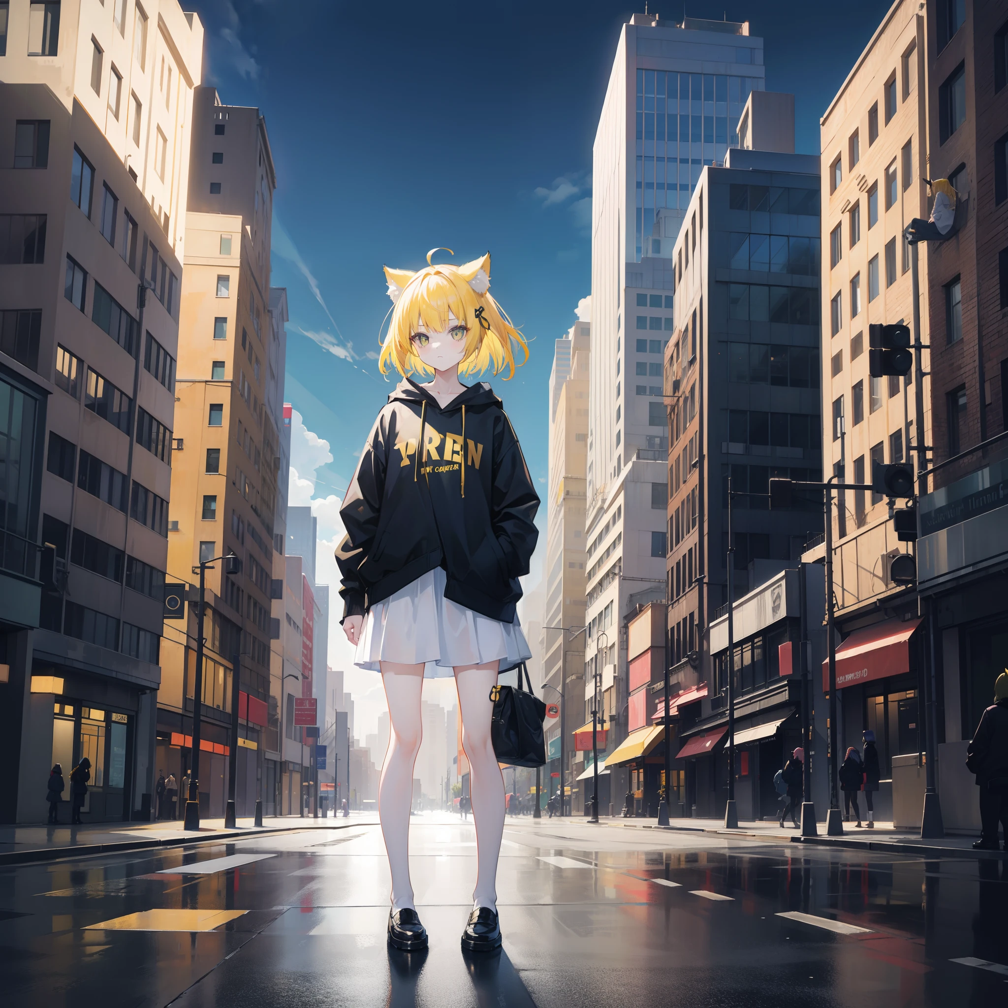Girl with yellow hair and cat ears,Stand in the middle of the city