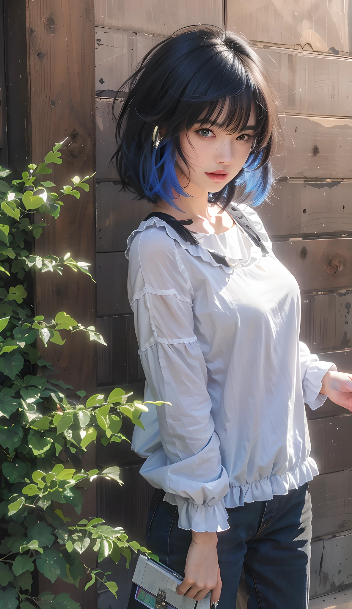 (photorealistic:1.4), best quality, masterpiece, ultra high res, 1girl, (detailed face:1.2), (detailed eyes:1.2), (detailed hair:1.2), (detailed clothes:1.2), 4k, (detailed color:1.2), (blue black hair:1.2),