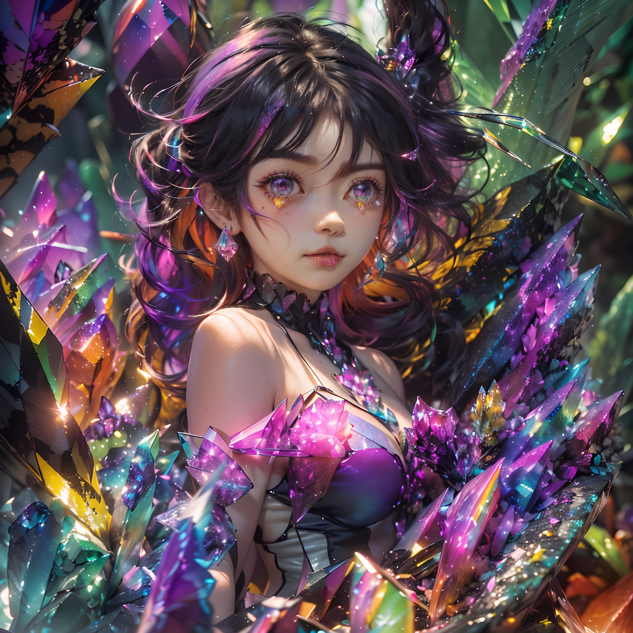 (Masterpiece), (Best quality), Extremely detailed, illustration, Backlight, ((Angle)), (Colorful ore:1.3), (Colorful melting:1.3),
(colorful crystals:1.5), (A piece of colorful mineral:1.3),  
(1 Extremely delicate and delicate girl:1.4),(Beautiful face), (Beautiful detailed red eyes:1.2), (colorfulhair:1.2), bare shoulders​, (Black suit),