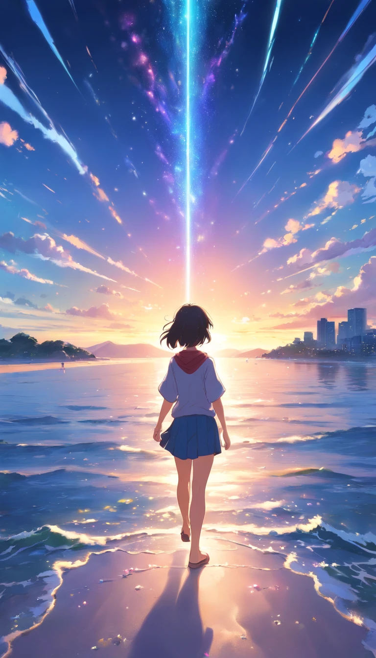 Faraway view、Landscapes、vanishing point、Outrageous resolution、A high resolution、ultra - detailed、The upper part shows the universe、Below is the sea、Bright atmosphere、fanciful、magia、Mare、In the daytime、Clean blue sky、The sun shines、prisms、beautiful light up、Bright lighting、Soft lighting、Many shining magic lights、iridescent lights