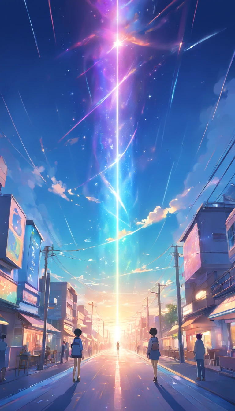 Faraway view、Landscapes、vanishing point、Outrageous resolution、A high resolution、ultra - detailed、The upper part shows the universe、Below is the sea、Bright atmosphere、fanciful、magia、Mare、In the daytime、Clean blue sky、The sun shines、prisms、beautiful light up、Bright lighting、Soft lighting、Many shining magic lights、iridescent lights