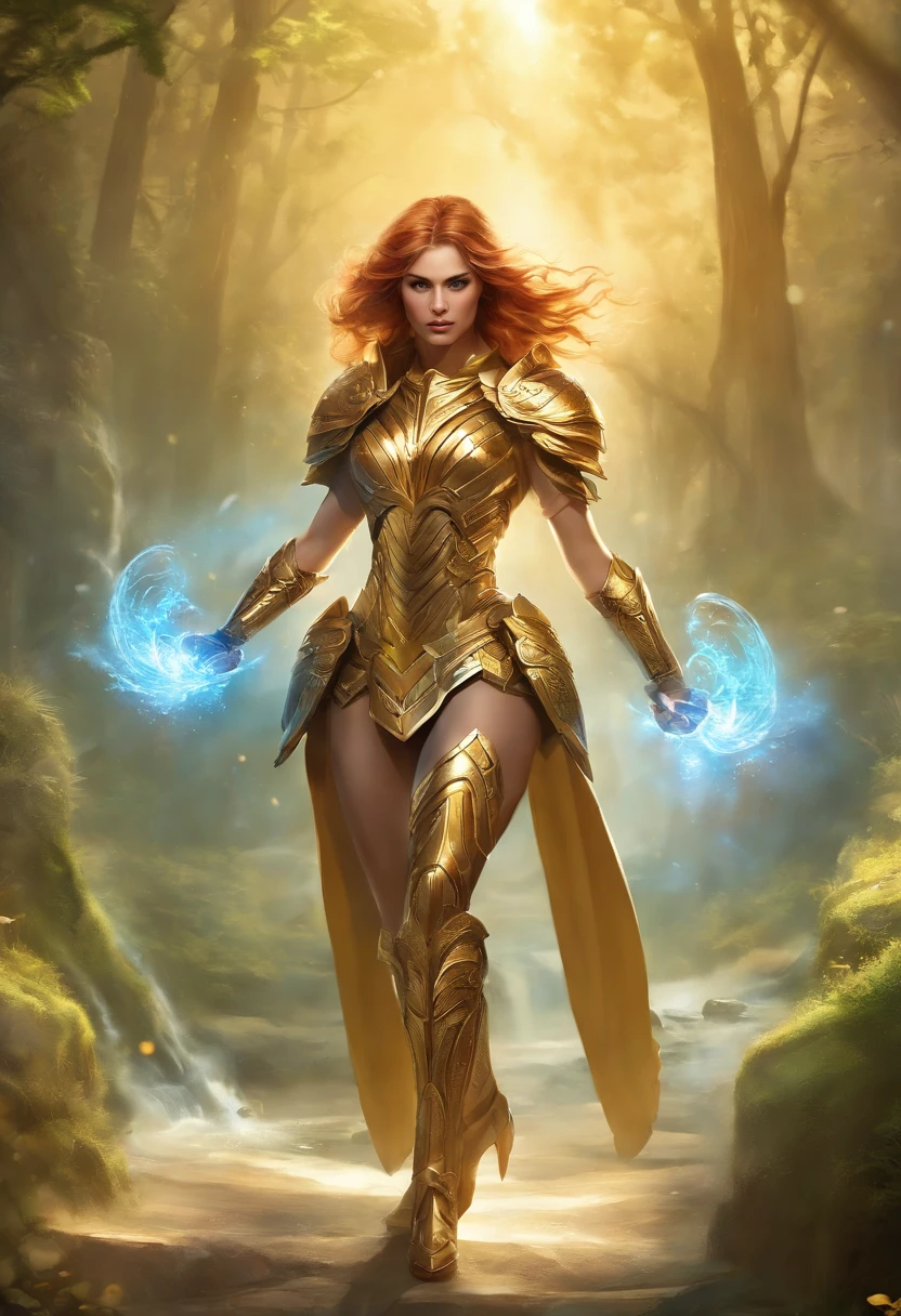 A girl fighter with vibrant colored hair, adorned with intricate golden armor, wielding twin swords. Her eyes gleam with determination, matching her fierce expression. She stands confidently in a dynamic pose, emanating power and strength. The fighter is inspired by the iconic style of League of Legends characters, known for their exaggerated proportions and fantastical designs.

The artwork showcases a blend of digital illustration and concept art. The medium used is a combination of 2D digital painting and 3D rendering, creating a visually striking and detailed portrayal. The overall image quality is of the highest standard, with a resolution of 8K, resulting in a masterpiece of art.

The scene is set against a backdrop of a mythical, bee-themed battlefield. Vibrant colors dominate the environment, featuring a contrast of lush greens and golden hues. The battlefield is adorned with giant flowers and intricately designed honeycomb structures, creating a visually stunning and immersive world.

The lighting is dramatic and dynamic, with rays of sunlight strategically illuminating the fighter, highlighting her every detail. The composition captures the essence of epic combat, with the fighter positioned in the center, surrounded by swirling magical energy, creating a sense of movement and intensity.

In terms of her attire, the fighter wears a combination of regal golden armor and bee-inspired motifs. The armor is intricately designed with honeycomb patterns, reflecting light and adding depth to the overall composition. Her clothing incorporates elements of bee-like wings, adding to her formidable presence.
The overall style of the artwork is a fusion of fantasy and myth, reminiscent of the legendary characters from League of Legends. The colors are vibrant and bold, with a slight touch of warmth, enhancing the fantastical atmosphere of the scene.