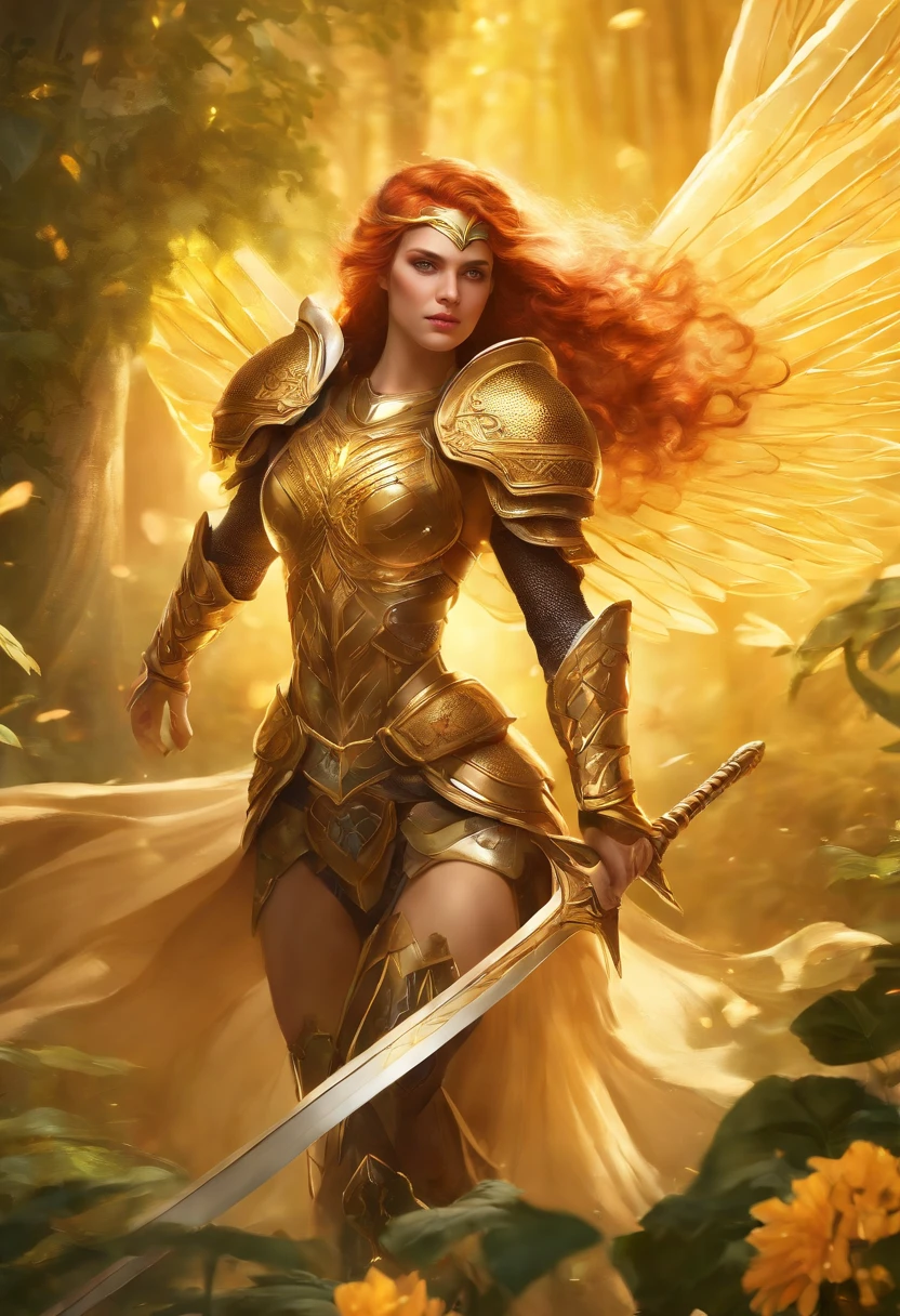 A girl fighter with vibrant colored hair, adorned with intricate golden armor, wielding twin swords. Her eyes gleam with determination, matching her fierce expression. She stands confidently in a dynamic pose, emanating power and strength. The fighter is inspired by the iconic style of League of Legends characters, known for their exaggerated proportions and fantastical designs.

The artwork showcases a blend of digital illustration and concept art. The medium used is a combination of 2D digital painting and 3D rendering, creating a visually striking and detailed portrayal. The overall image quality is of the highest standard, with a resolution of 8K, resulting in a masterpiece of art.

The scene is set against a backdrop of a mythical, bee-themed battlefield. Vibrant colors dominate the environment, featuring a contrast of lush greens and golden hues. The battlefield is adorned with giant flowers and intricately designed honeycomb structures, creating a visually stunning and immersive world.

The lighting is dramatic and dynamic, with rays of sunlight strategically illuminating the fighter, highlighting her every detail. The composition captures the essence of epic combat, with the fighter positioned in the center, surrounded by swirling magical energy, creating a sense of movement and intensity.

In terms of her attire, the fighter wears a combination of regal golden armor and bee-inspired motifs. The armor is intricately designed with honeycomb patterns, reflecting light and adding depth to the overall composition. Her clothing incorporates elements of bee-like wings, adding to her formidable presence.
The overall style of the artwork is a fusion of fantasy and myth, reminiscent of the legendary characters from League of Legends. The colors are vibrant and bold, with a slight touch of warmth, enhancing the fantastical atmosphere of the scene.