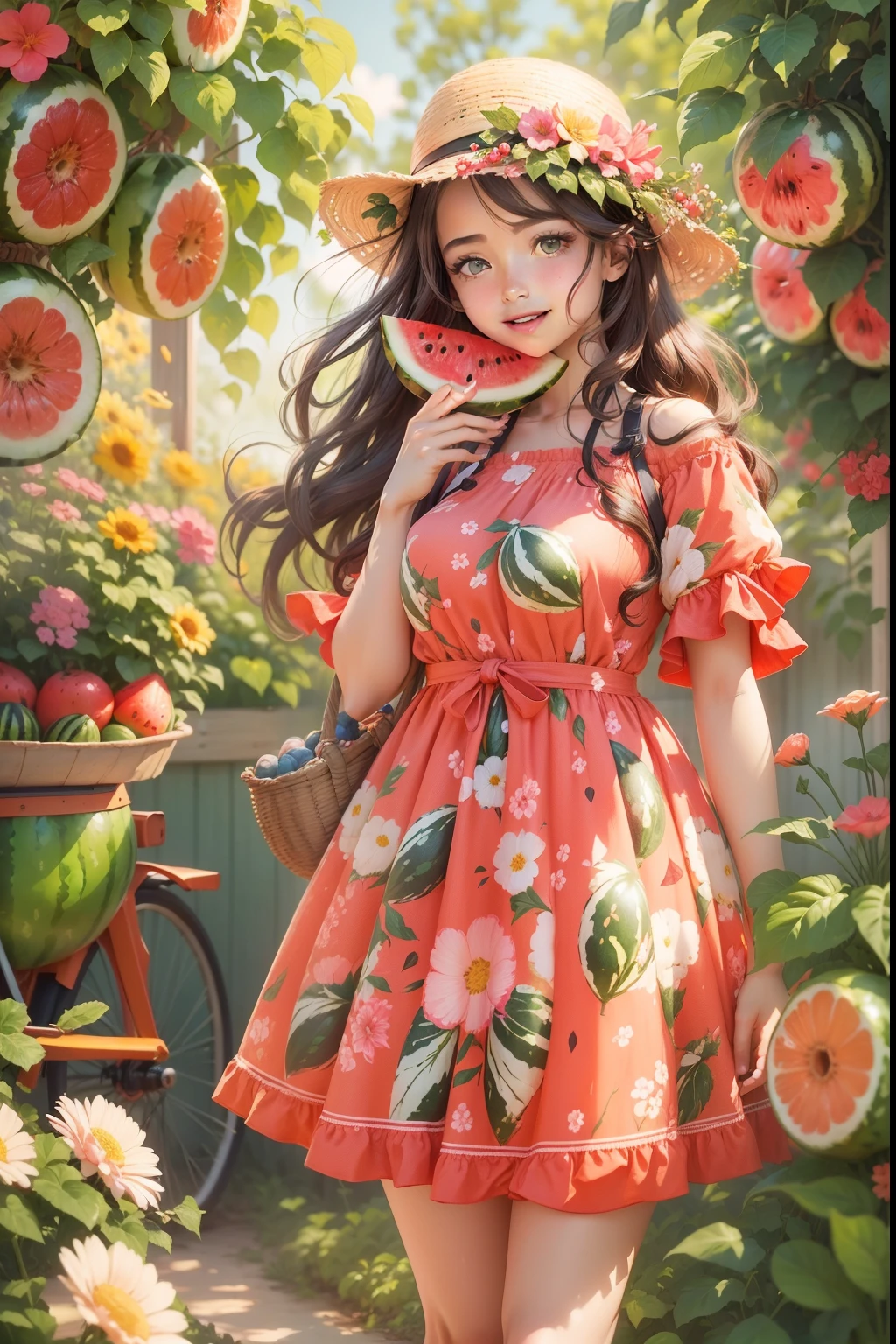 a girl with watermelon patterned dress, holding a slice of juicy watermelon in her hand, standing in a vibrant garden, surrounded by colorful flowers and lush greenery, enjoying a sunny summer day. She has beautiful detailed eyes, a wide smile with watermelon juice dripping down her chin, and long wavy hair gently swaying in the breeze. The painting is done in a vibrant and playful style, resembling a cheerful illustration or a colorful, lively render. The image quality is of the best quality, with ultra-detailed features and realistic textures, capturing the freshness and juiciness of the watermelon slice as well as the intricate details of the girl's outfit and surrounding nature. The colors are vivid and saturated, with a focus on the refreshing red and green tones of the watermelon and the vibrant hues of the flowers. The lighting is bright and natural, accentuating the cheerful atmosphere of the scene.