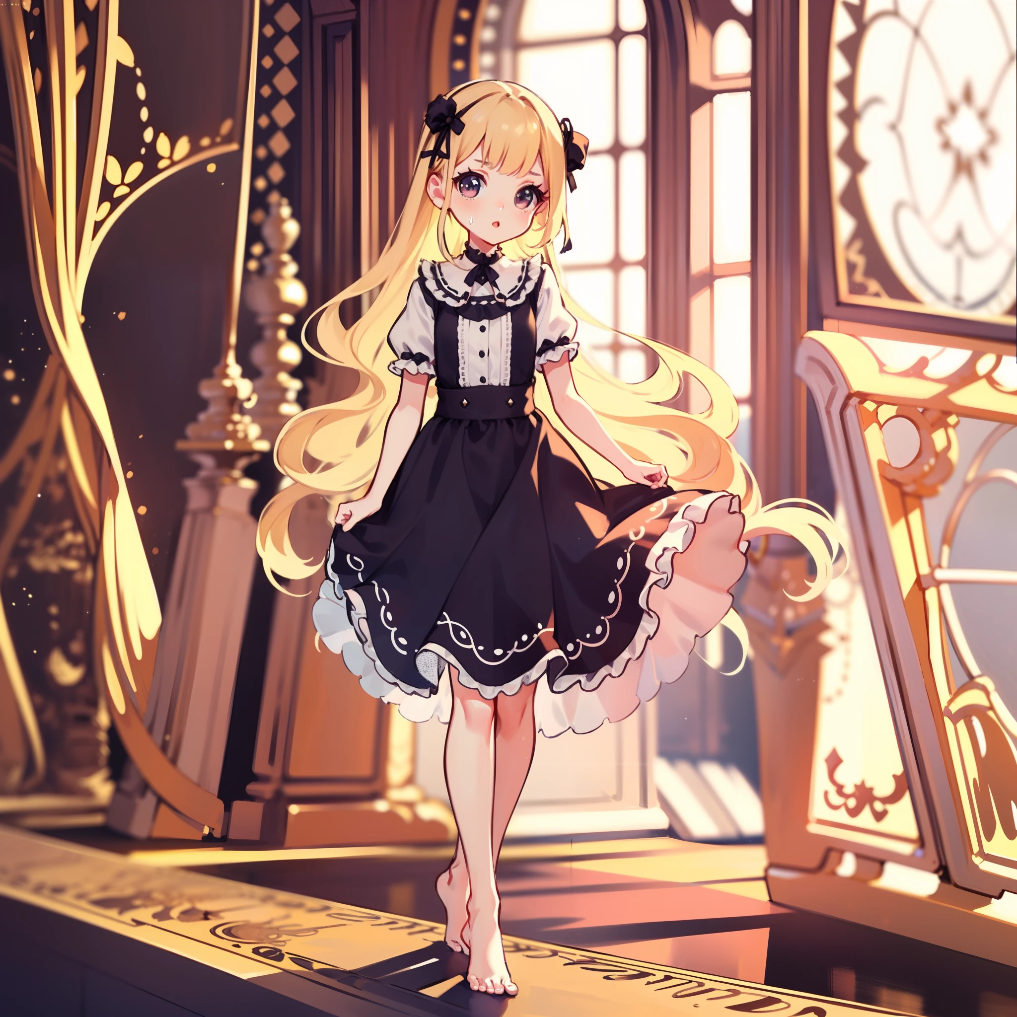 very cute female :1.1,10 yo,action:1.6,Gothic Lolita cloth:1.8,dutch angle shot,dynamic angle:1.6,ground-level shot,low angle,full body shot,medium shot,Barefoot,livingroom:1.5,Summer,day, Long hair,flat chest,Wind,Drooping sweat:1.1,(extremely detailed CG unity 8k portrait),(highly detailed fingers),(Masterpiece: 1.3),(ultra detailed face),(Exquisite Detail: 1.2),highly detail Eye,(Highest Quality:1.4), (Super-Resolution: 1.2),(super fine illustration), Eyelashes, Best Quality,super detailed skin,