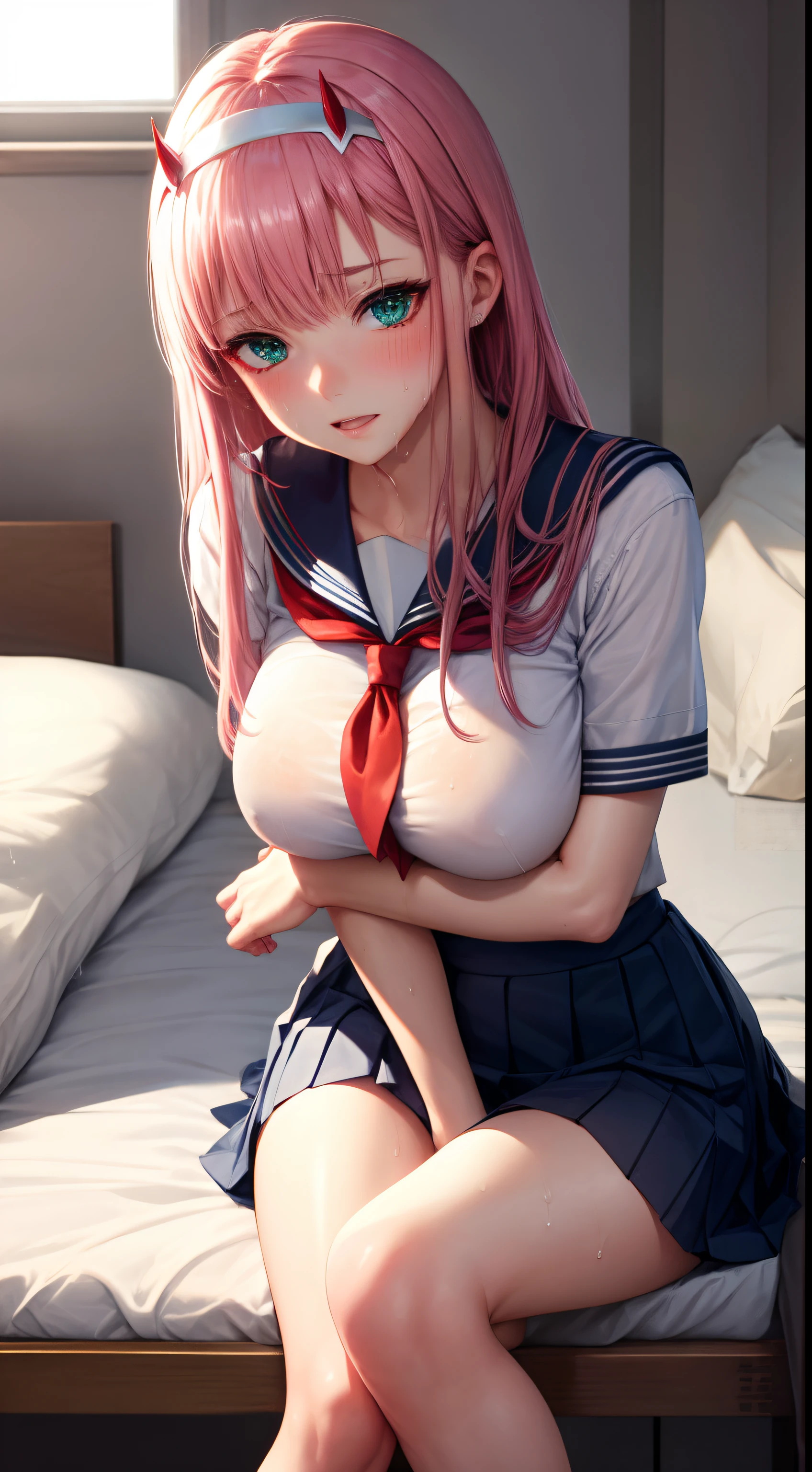 masterpiece, best quality, HD, 4K, Ultra-high resolution, Extreme Detail, Super detailed,
beautiful eyes, beautiful hair, Beautiful side, beautiful skin,dutch angle ,zero two,pink hair , green eyes, school uniform, serafuku, pleated skirts, Sailor's neck, white shirt ,Wet clothes,big breasts, thigh, buttock, sitting cross-legged, arms at the back spread their arms,ahegao, blush, sweat, ashamed, bed, pov