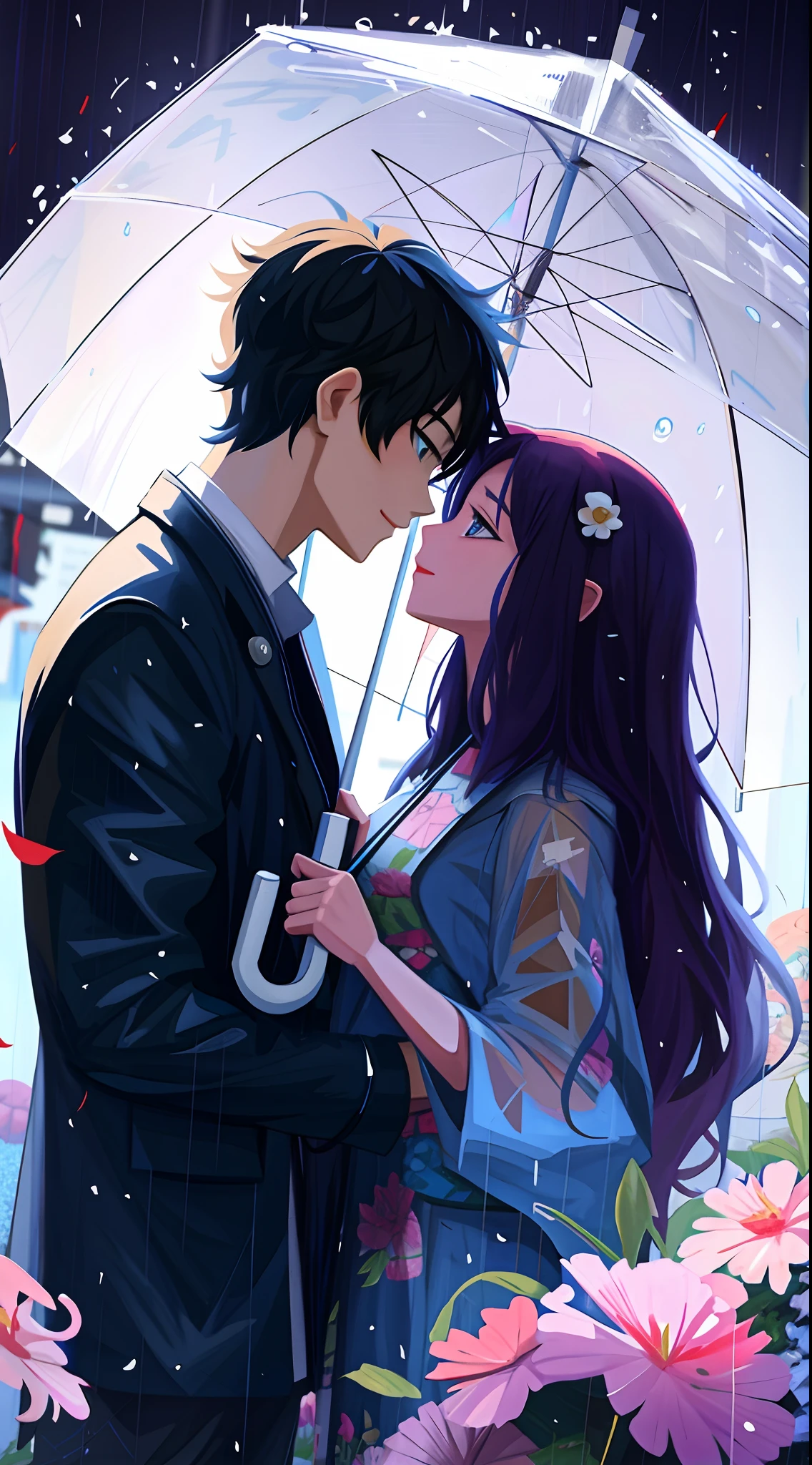 Anime couple in the rain with umbrella and flowers, 4k manga wallpapers, Rained, 4K anime wallpaper, Anime wallpaper 4K, Anime wallpaper 4 k, style of anime4 K, Anime art wallpaper 4k, Anime art wallpaper 4 K, anime wallaper, Anime art wallpaper 8 K, Guviz-style artwork,Look at each other affectionately,Beautiful facial features