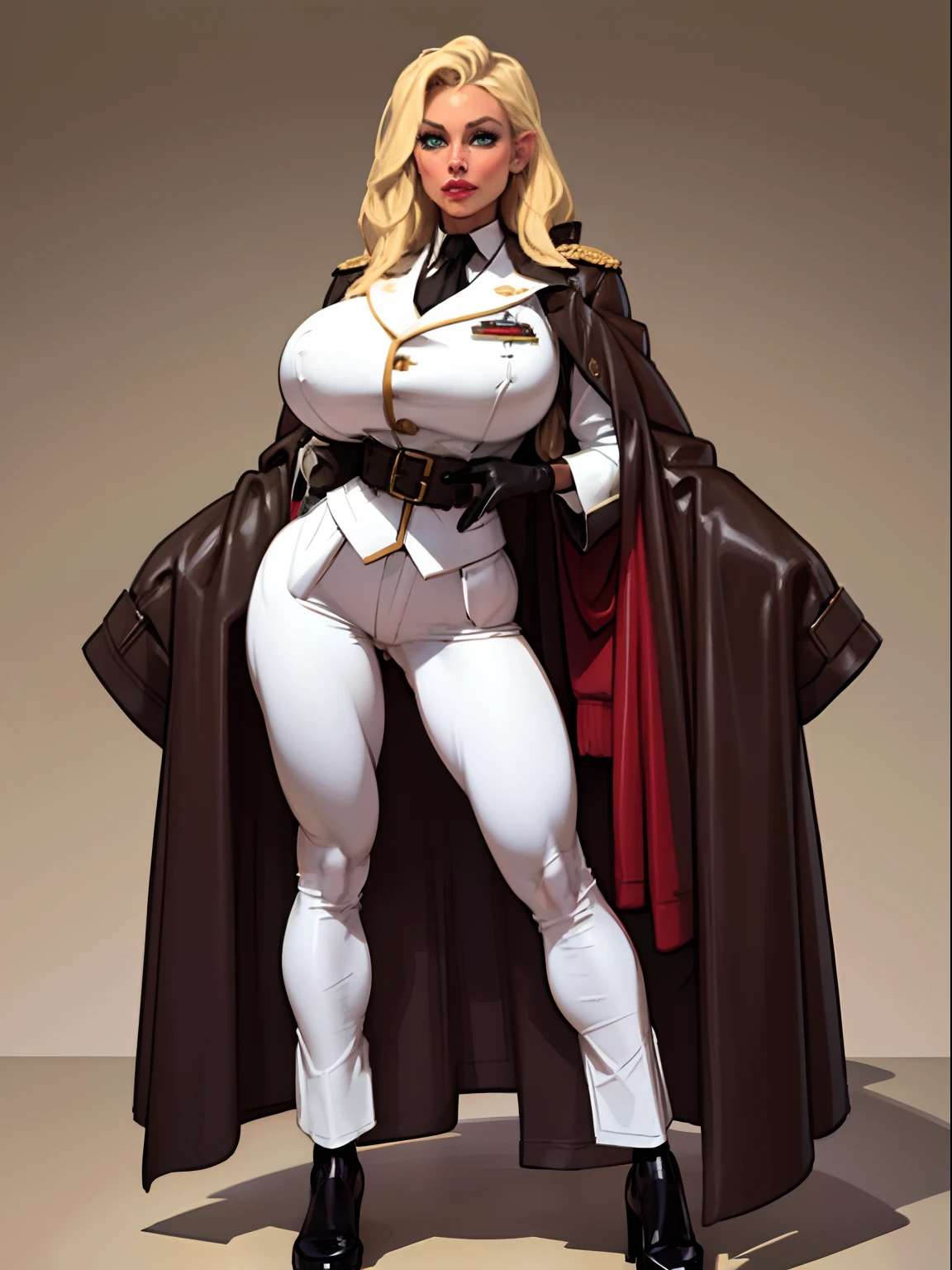 Lonely young adult girl, Tall stature, little , closed mouth, Slavic appearance: Green eyes; blond hair; sharp facial features; dimple on the chin; Straight nose; high nose; pronounced high cheekbones; high forehead, stands upright, (:1.4), detailed face, military uniform:  double-breasted overcoat; pants, Full-length painting, leather gloves