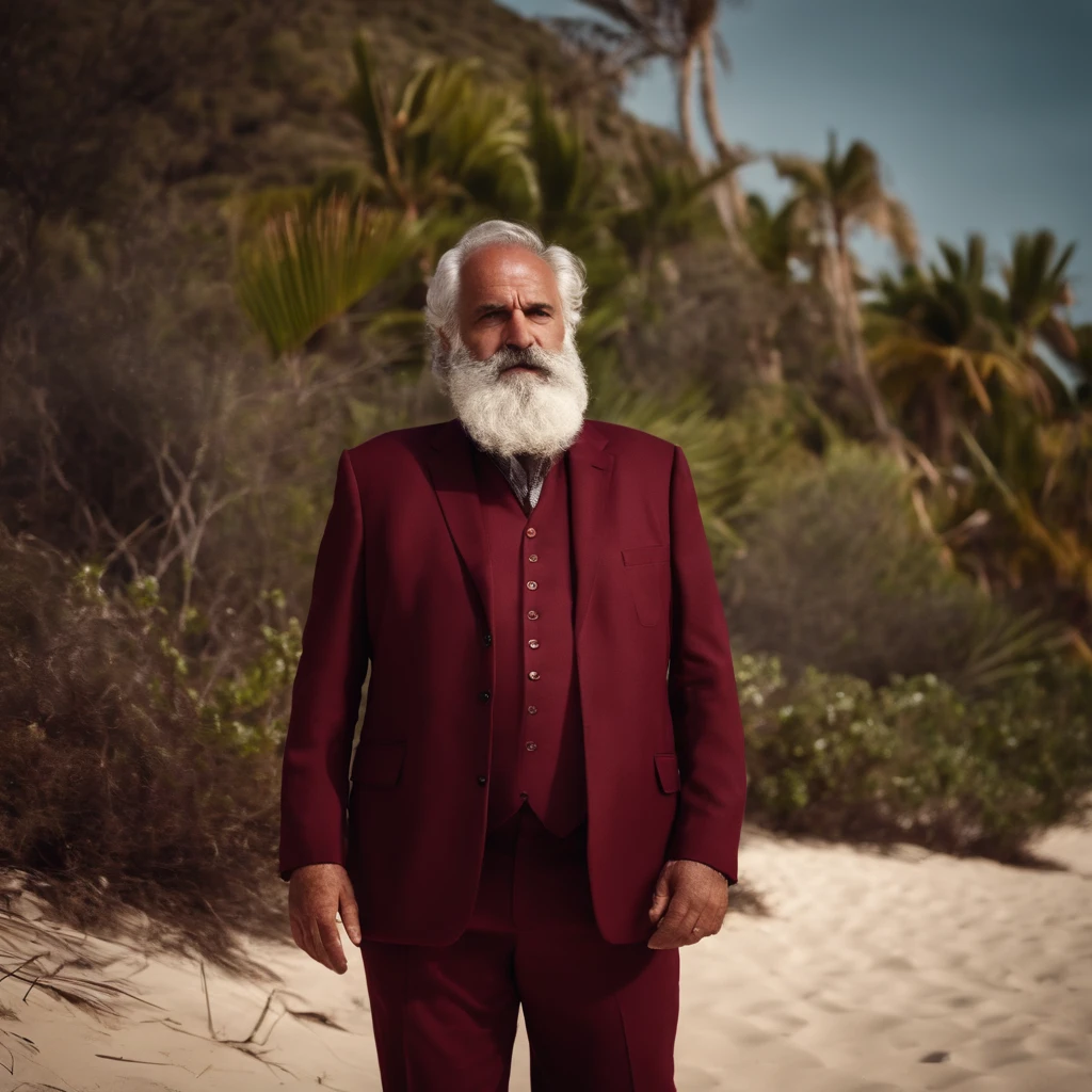 old fat pale with grey beard greek man in maroon suit on a tropical beach