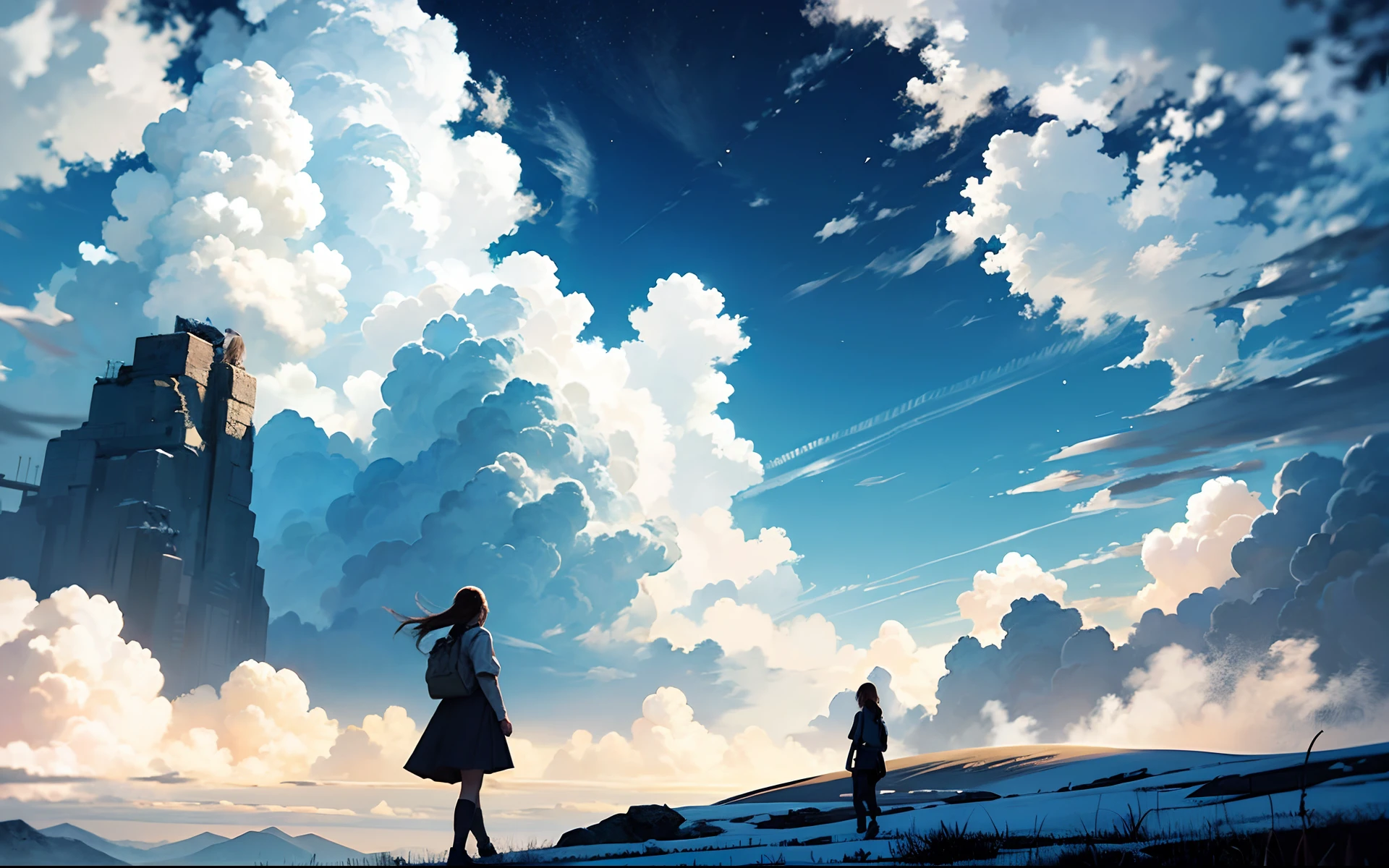 a girl walking on cloud world,
