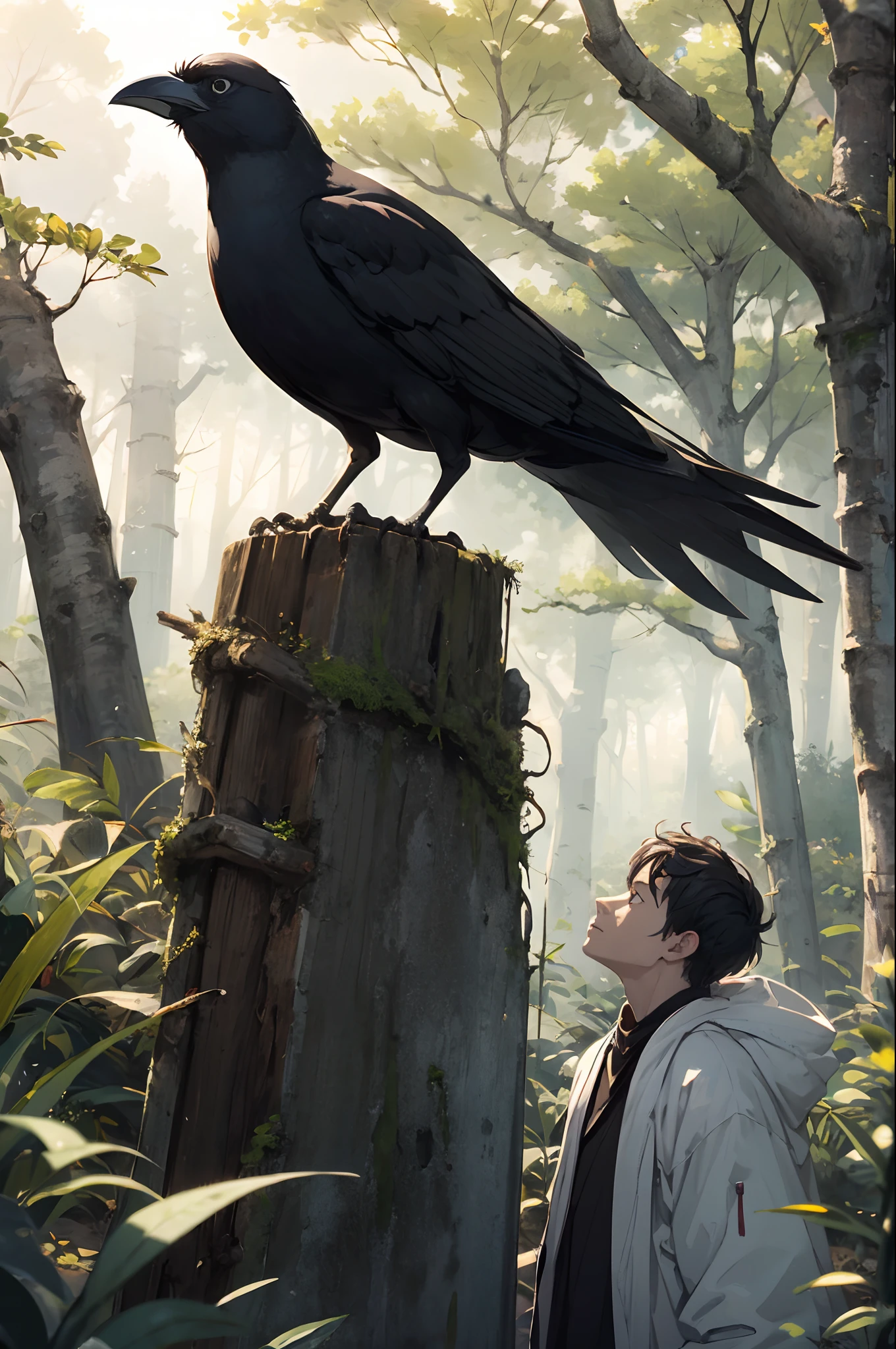 Monk in a forest ** and ** a sad and despondent crow drawn in Disney style