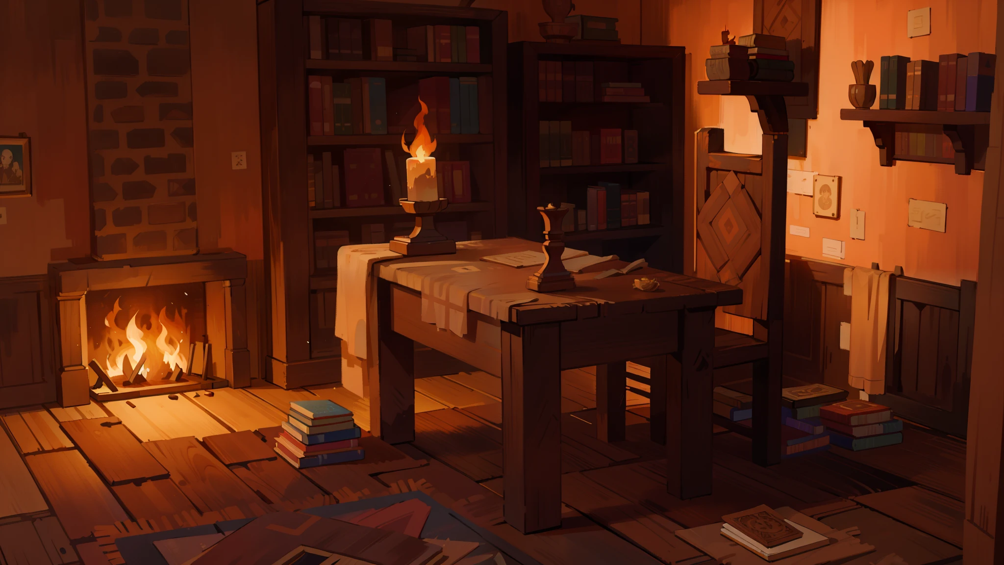 (best quality,4k,8k,highres,masterpiece:1.2),ultra-detailed,realistic,fireplace,wooden table,medieval atmosphere,dark lighting,warm colors,crackling fire,ornate decor,thick stone walls,antique candle holders,heavy wooden furniture,shadowy corners,beautifully carved details,rustic charm,cozy ambiance,dancing flames,soft candlelight,ancient tapestries.substrate:canvas,mixed media.