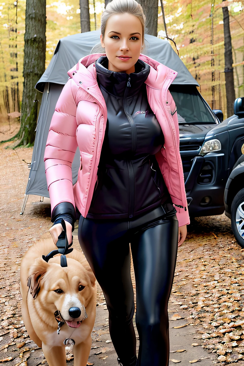 Make a woman with big breast, Pink long pufferjacket , with open zipper, with face, body, Forrest, travel bag, black pants, camper, dog