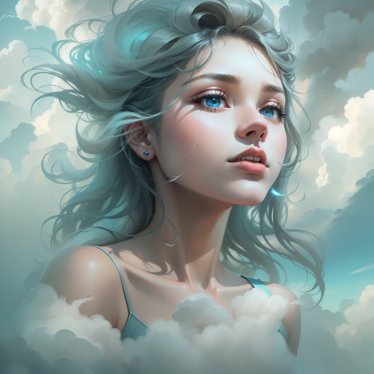 The girl's head and face were covered with clouds,Stylized abstract portrait close-up of beautiful girl,Sky Draft,Surrealist art fantasy style,Epic digital fantasy art style