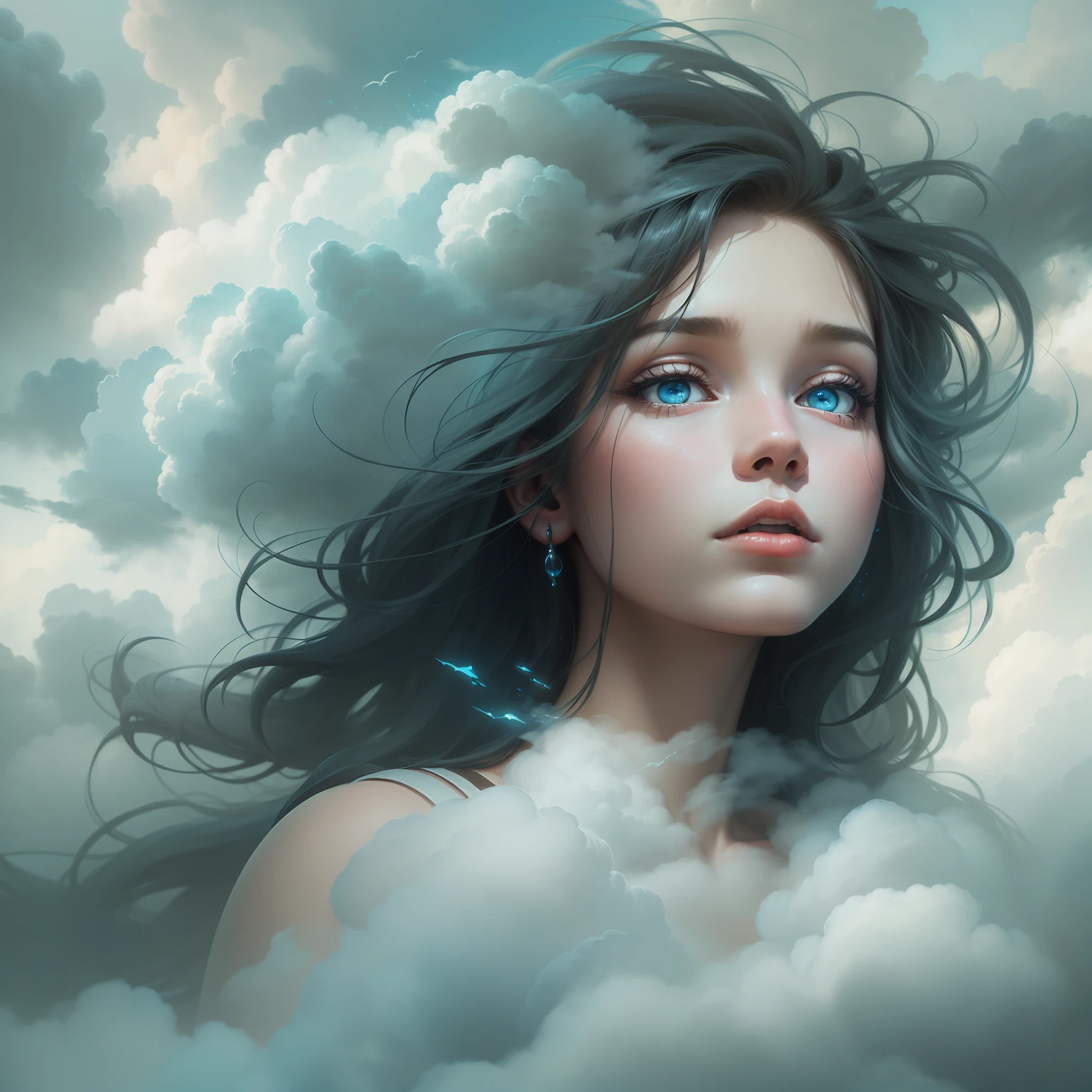 The girl's head and face were covered with clouds,Stylized abstract portrait close-up of beautiful girl,Sky Draft,Surrealist art fantasy style,Epic digital fantasy art style