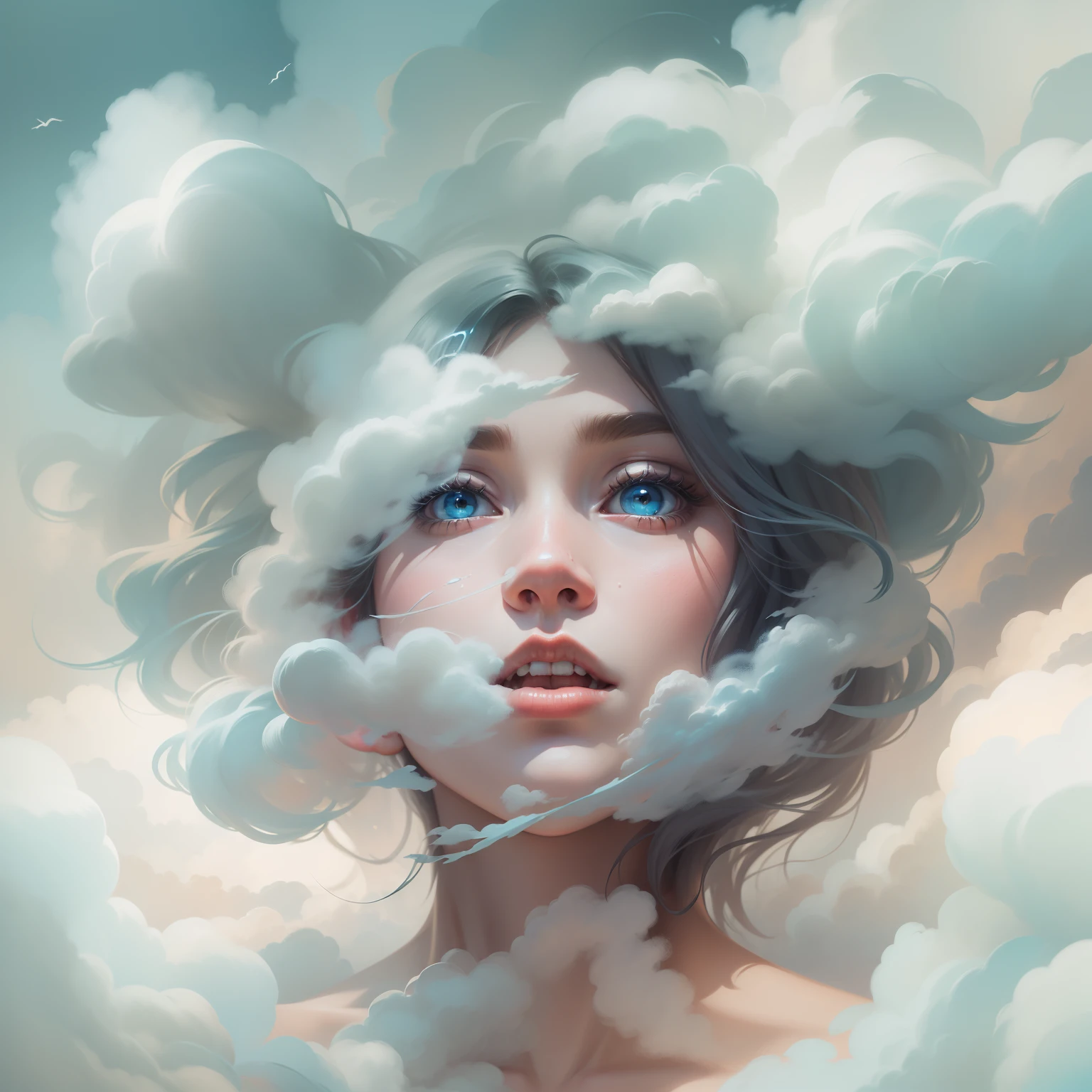 The girl's head and face were covered with clouds,Stylized abstract portrait close-up of beautiful girl,Sky Draft,Surrealist art fantasy style,Epic digital fantasy art style