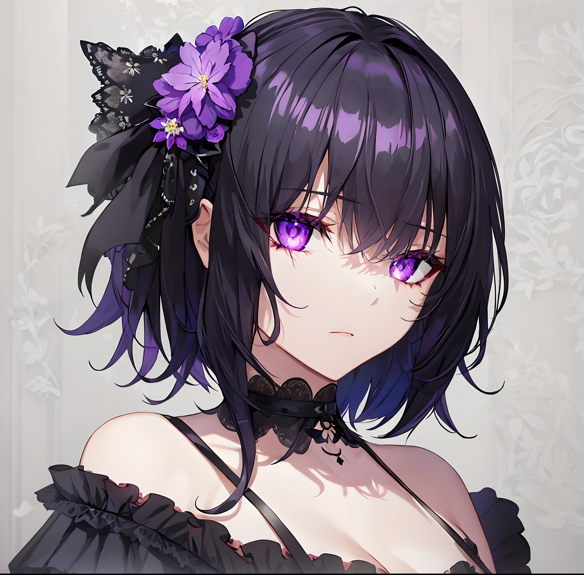 anime girl, purple eyes, strong colors, strong color, black eye iris, cat eye iris, very detailed eyes, black hair, short hair, detailed light, dynamic light, purple light on hair, black dress, dated anime artstyle, goth girl, grimdark, anime style portrait, gothic maiden anime girl, bra strap, black bra strap, cleavage, small breasts, looking at viewer, flower on hair, purple flower, bow on hair, black bow, neutral expression, closed mouth, lace choker, black lace choker