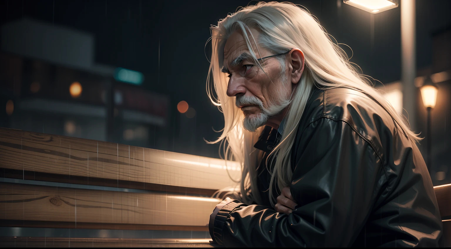 old man, long hair, at night, sitting on a park bench, raining, thinking, showing compassion, to a colleague,
cinematic, details