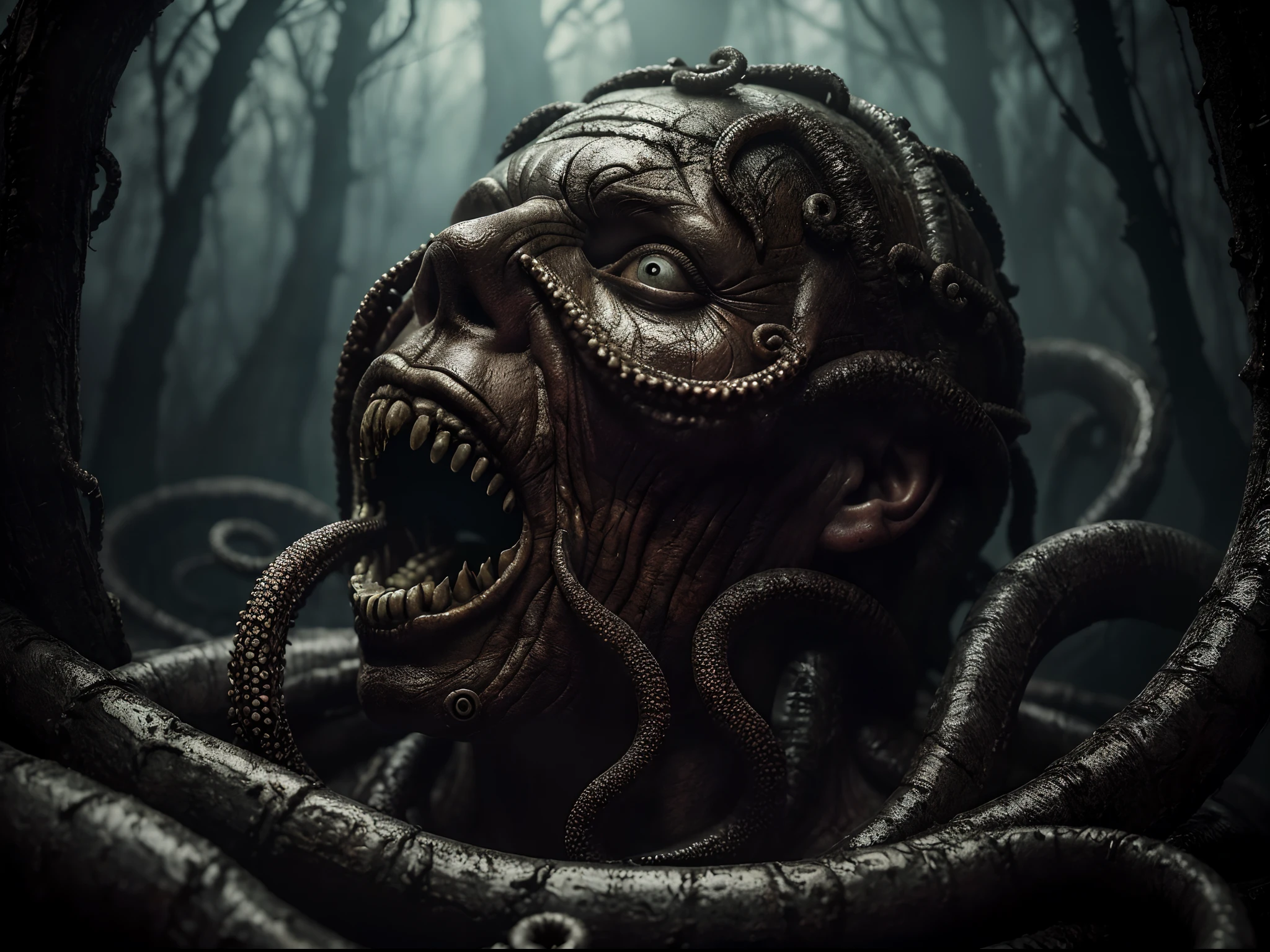 ((Best quality, 8K, Masterpiece: 1.4)),((Amazing detail: 1.3)),((illustration: 1.2)),((high resolution: 1.1)),Creepy, Horror, Worms, Dark style, Dark fantasy,Tentacle, Flesh-colored, Realistic, Dark atmosphere, Chiaroscuro, filmgrain, peristaltic,Decolorization,rotten,