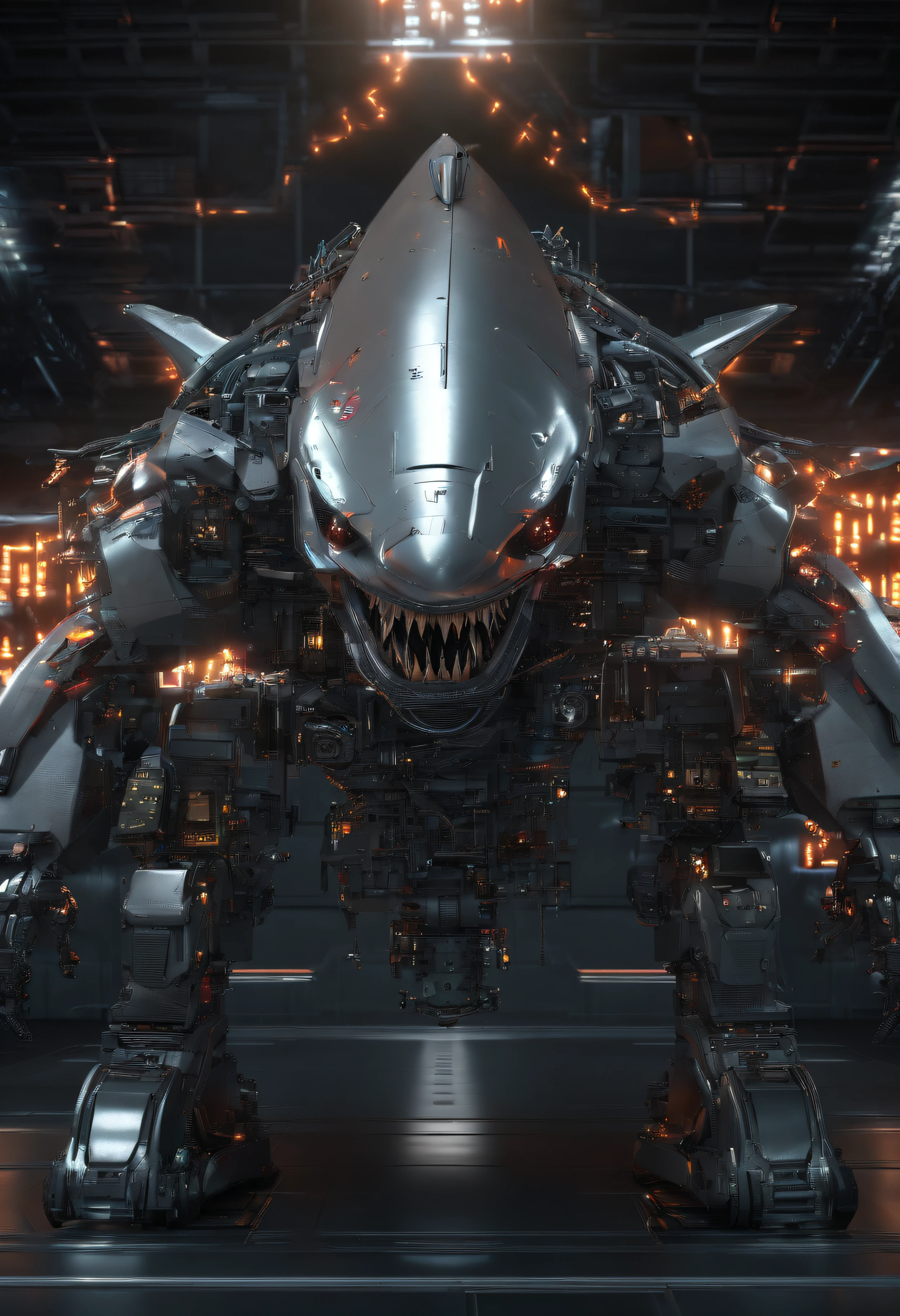 Mecha shark , science fiction, Front view, senso de tecnologia, Renderizador OC, Motor irreal, Very high detail, HD 8K, studiolight