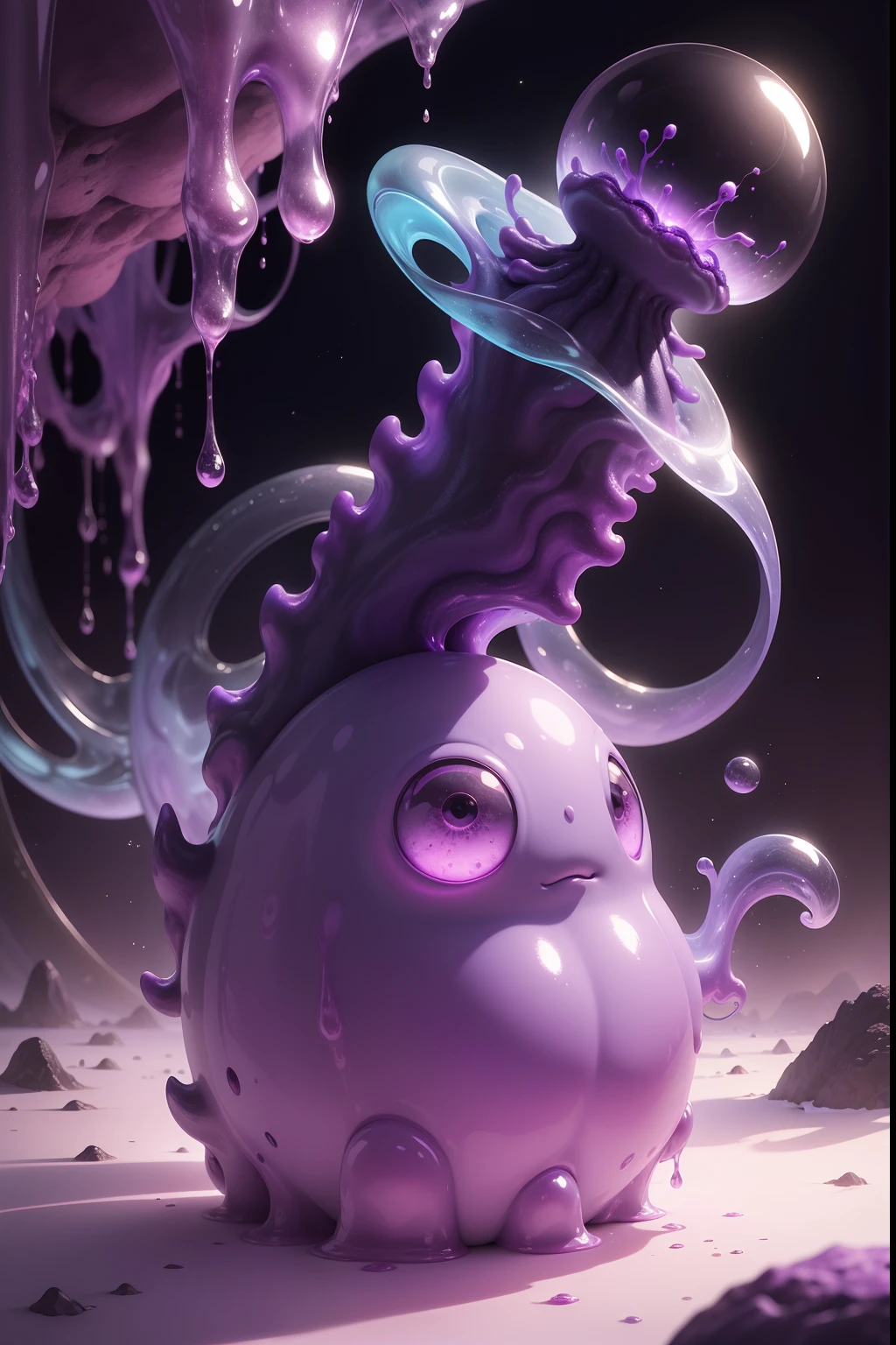This alien being is unlike anything he's ever seen, a gelatinous creature with a soft, jelly body, and it's colored in various shades of purple to blend with the environment, jelly-like inhabitant of the purple planet