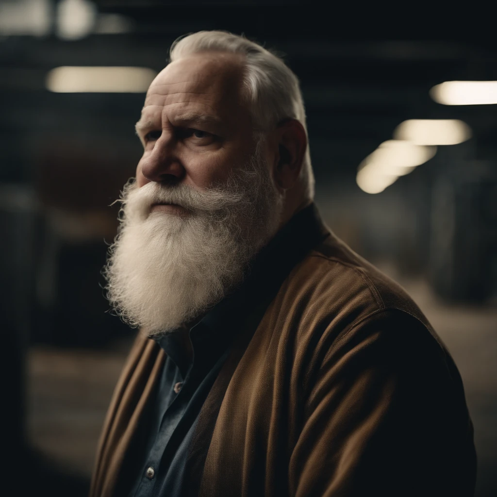old fat pale man with grey beard on a diesel factory site, immersive
