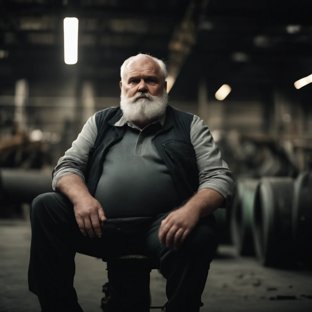 old fat pale man with grey beard on a diesel factory site, immersive