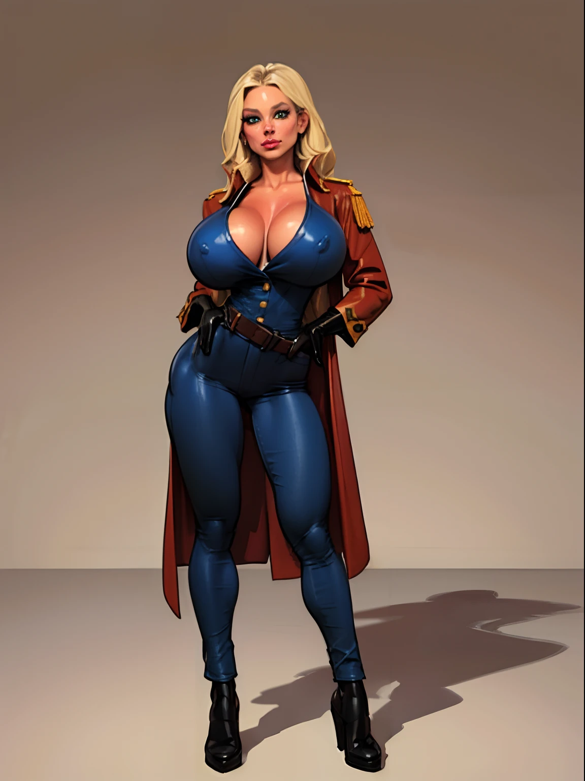 young adult girl, Tall stature, little chest, closed mouth, Slavic appearance: Green eyes; blond hair; sharp facial features; dimple on the chin; Straight nose; high nose; pronounced high cheekbones; high forehead, stands upright, (gigantic breast detailed face, military uniform: double-breasted overpants, Full-length painting, leather gloves