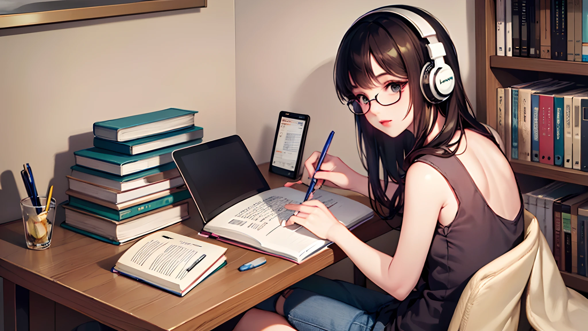 girl, 20s, glasses, sitting in front of computer, studying, pen in hand, headphones, books, notebook, room, --auto --s2