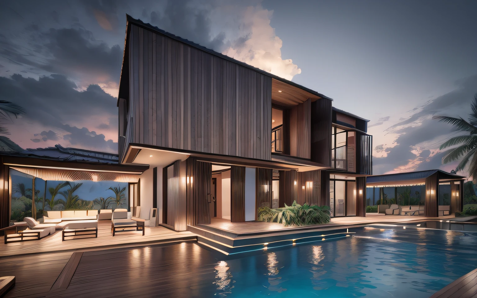 tropical villa, palm, plant, beautiful sky, wood facade, architecture, beautiful, masterpiece, best quality, super detailed, realistic, photorealistic, 8k, sharp focus