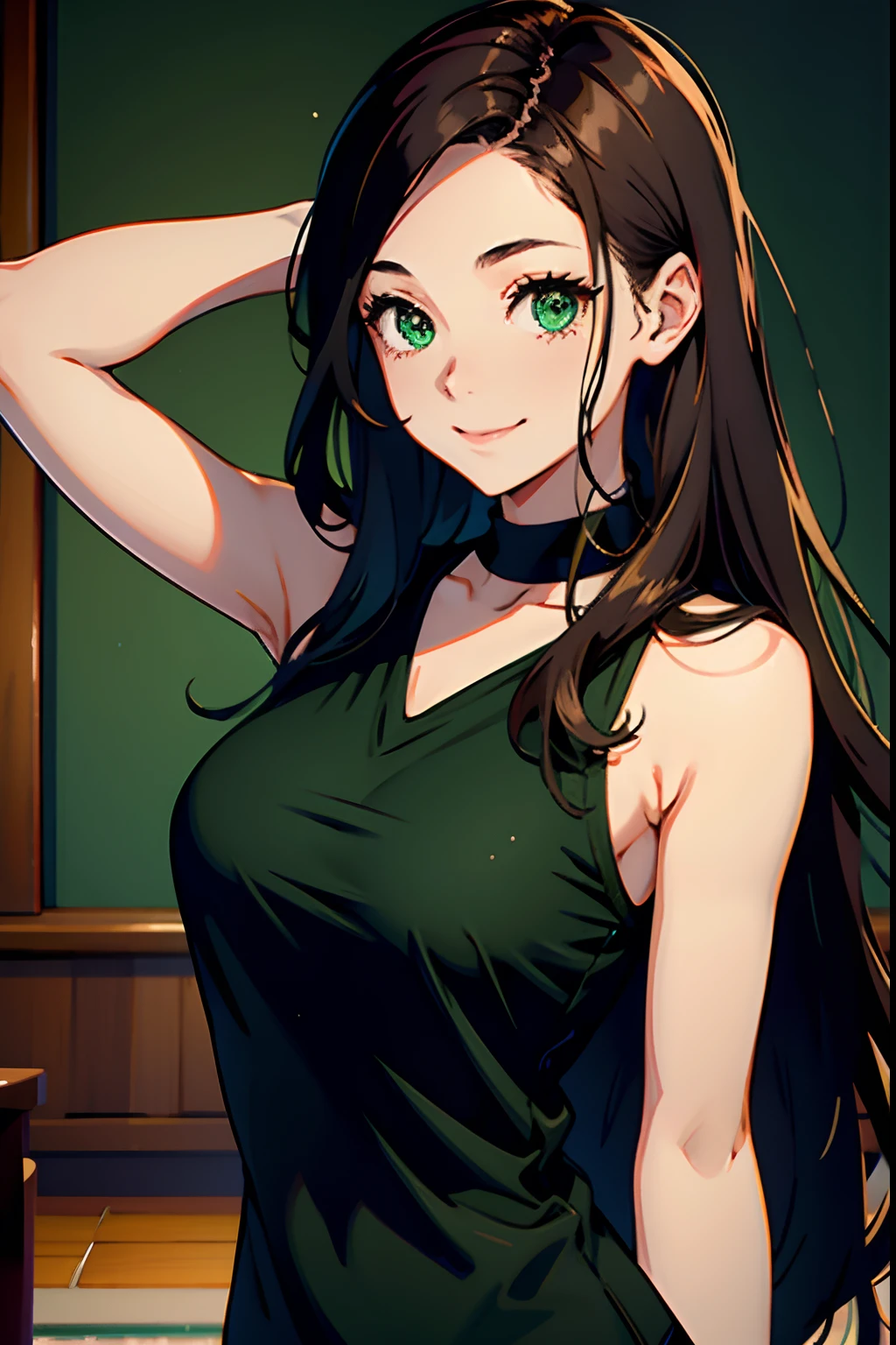 girl, dark brown wave hair, green eyes, big nose, open forehead, smile, real, human, mediun long hair, medium chest size, in sleeveless loose black shirt, not vulgar