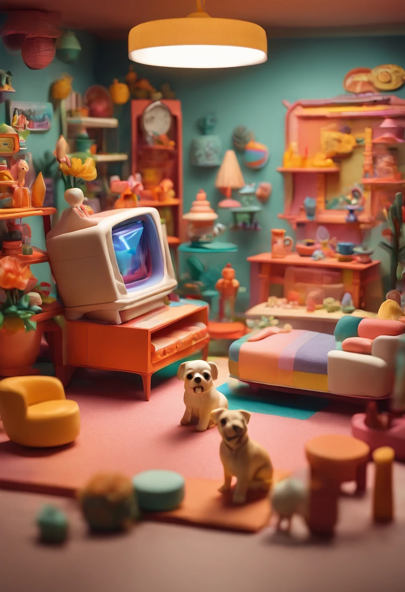 Room with 60's TV Gloria Studio, White dog watching TV, Clay material, Cartoonish design style, POP MART, Soft lighting, smooth lines, Tilt-shift lens, Detailed sci-fi illustrations, super realistic details, warm color