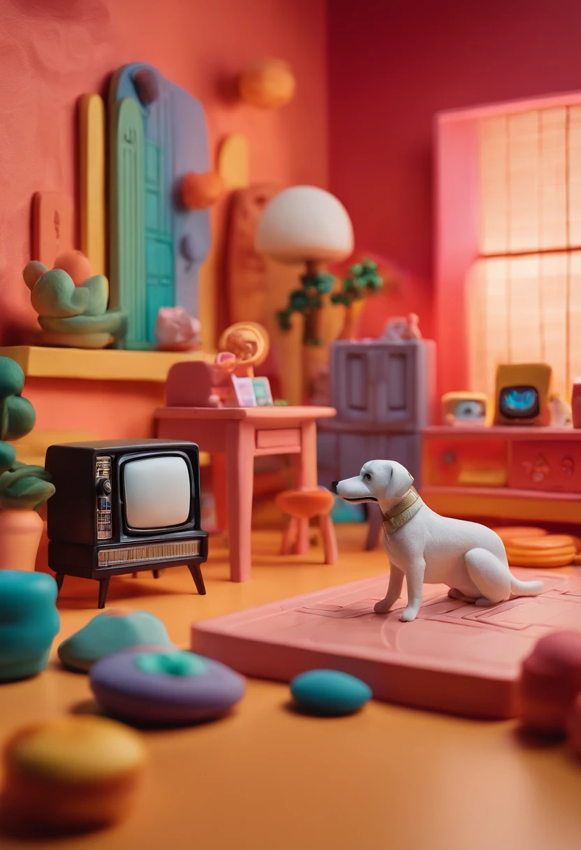 Room with 60's TV Gloria Studio, White dog watching TV, Clay material, Cartoonish design style, POP MART, Soft lighting, smooth lines, Tilt-shift lens, Detailed sci-fi illustrations, super realistic details, warm color