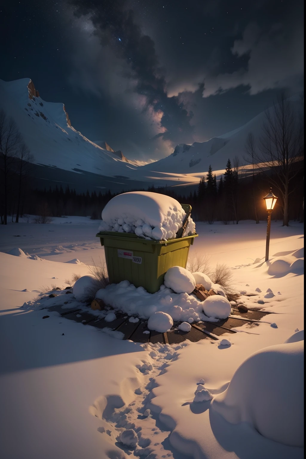 A painting of a pile of garbage in the snow, winter, eerie night time light, dark sky with stars.