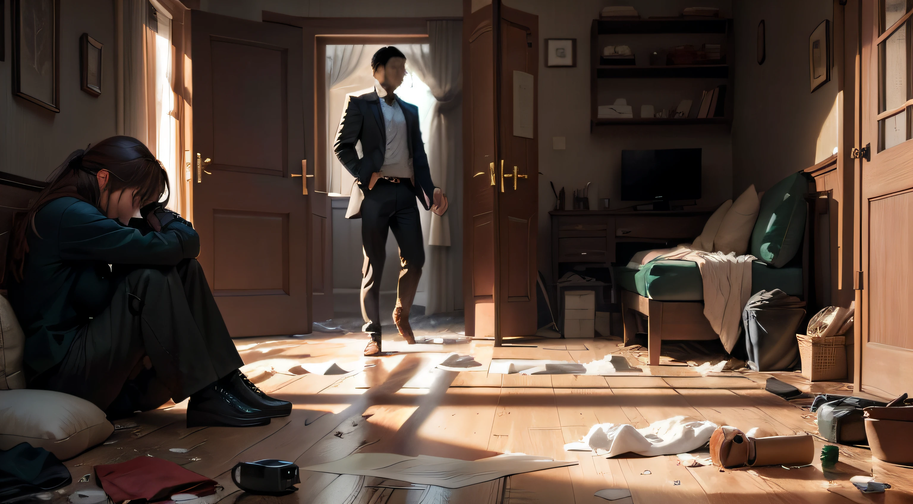 Create an image that depicts an emotionally intense scene in a domestic setting after a fight over infidelity. In the scenery, There should be no physical presence of the couple, But the environment itself must reflect the tension in the relationship. messy furniture, broken objects and shed tears should be visible in the image. The scenario should convey the intensity of the situation and the deep hurt that follows a betrayal, even in the absence of the individuals involved."