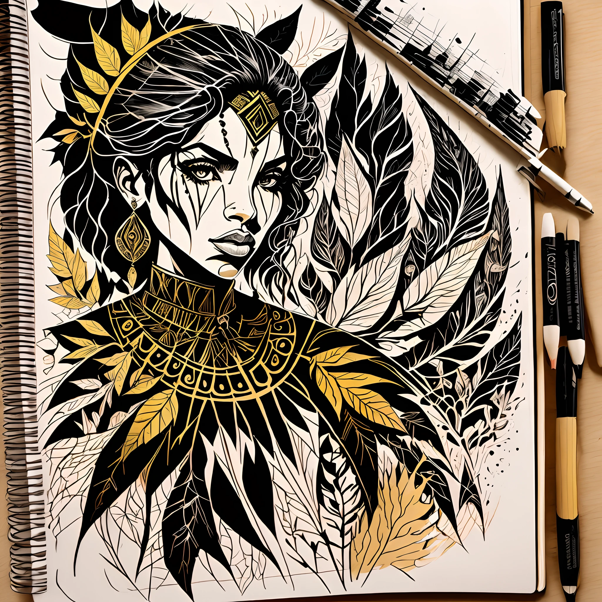 bits of color, furistic Sketch book, hand drawn, dark, gritty, realistic sketch, Rough sketch, mix of bold dark lines and loose lines, bold lines, on paper, black woman queen, earth-bender, leaves, tribal paint, light theme, --auto --s2