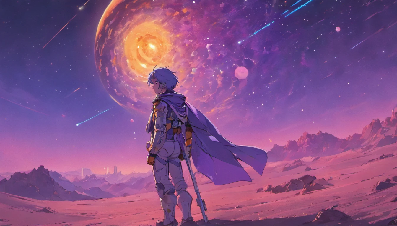 purple tint,Bright tones,Close-up of a man in a spacesuit standing in the desert, planetes, floating beside planets, standing in outer space, Makoto Shinkai Cyril Rolando, amazing wallpapers, Space travelling, looking off into space, anime backgrounds, cosmos sem fim no fundo, dan mcpharlin, kilian eng. Moebius