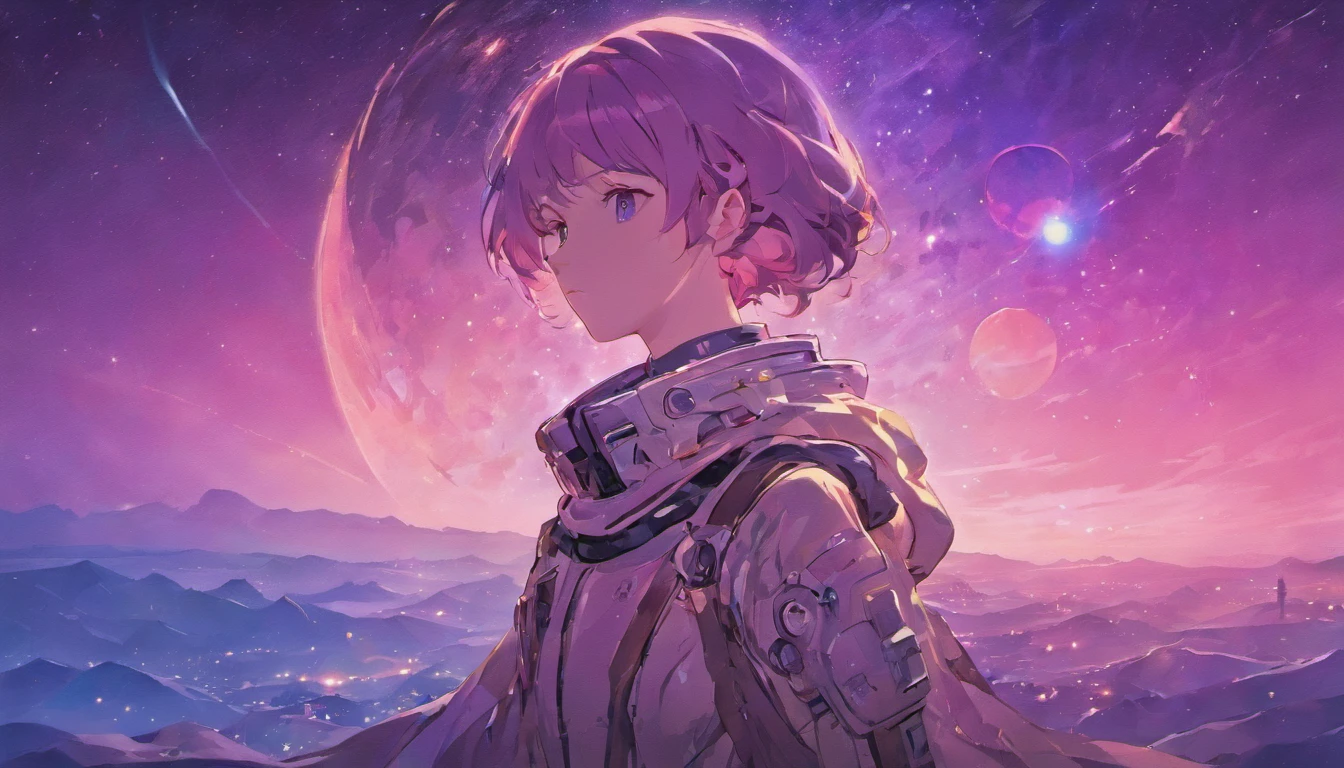 purple tint，Bright tones，Close-up of a man in a spacesuit standing in the desert, planetes, floating beside planets, standing in outer space, Makoto Shinkai Cyril Rolando, amazing wallpapers, Space travelling, looking off into space, anime backgrounds, cosmos sem fim no fundo, dan mcpharlin, kilian eng. Moebius