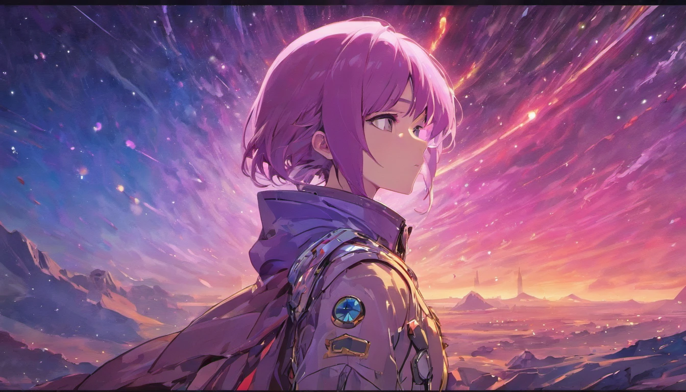 purple tint,Bright tones,Close-up of a man in a spacesuit standing in the desert, planetes, floating beside planets, standing in outer space, Makoto Shinkai Cyril Rolando, amazing wallpapers, Space travelling, looking off into space, anime backgrounds, cosmos sem fim no fundo, dan mcpharlin, kilian eng. Moebius