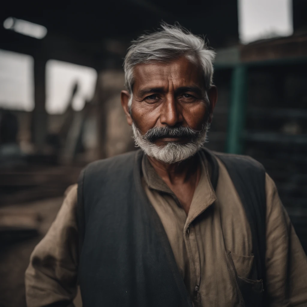 old young nepali pale man with grey beard on a diesel factory site, immersive