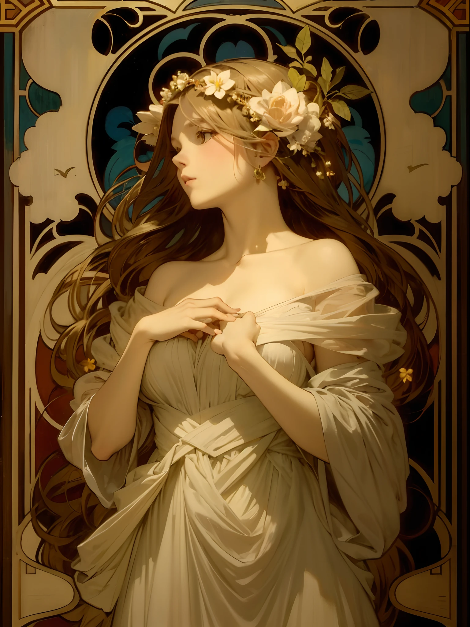 Alphonse Mucha,plain dress,Gather Dresses,White tone,adult lady、frescoes,bbw,