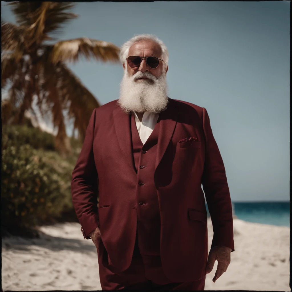 old fat pale with grey beard greek man in maroon suit on a tropical beach